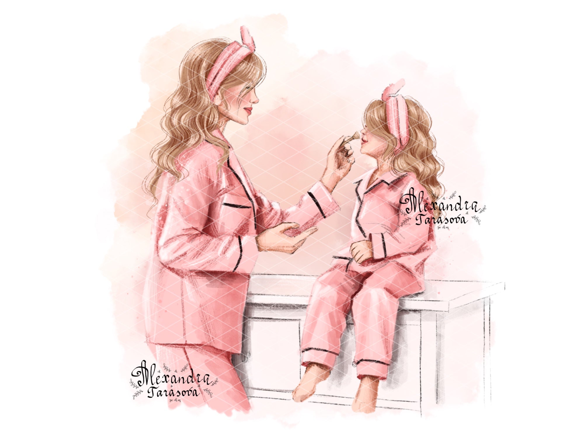 Digital Watercolor Illustration Stylish Mother And Daughter Pink Pajamas Trendy Hairstyles Pink Ribbon Printable Art