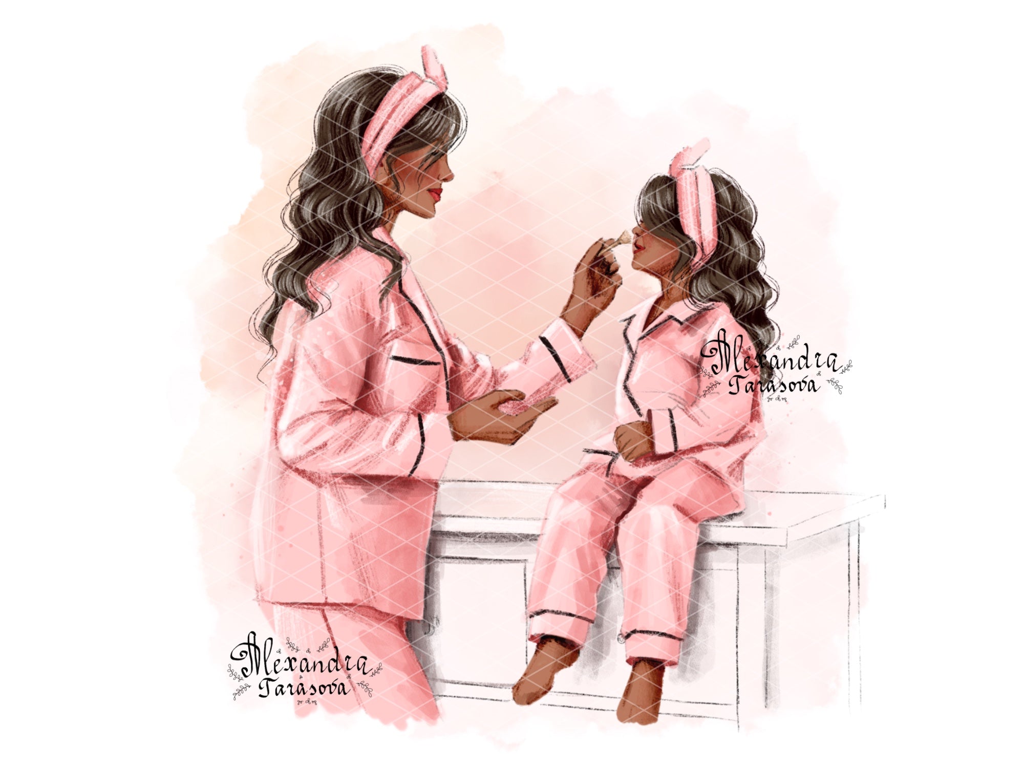 Digital Watercolor Illustration Stylish Mother And Daughter Pink Pajamas Trendy Hairstyles Pink Ribbon Printable Art