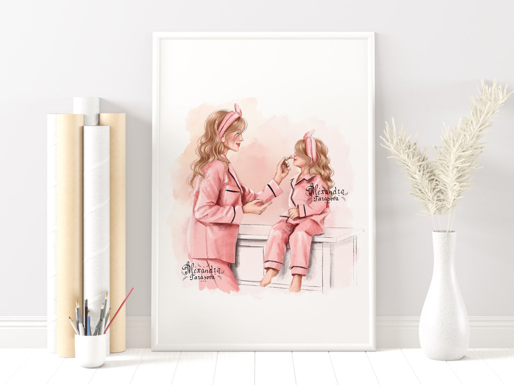 Digital Watercolor Illustration Stylish Mother And Daughter Pink Pajamas Trendy Hairstyles Pink Ribbon Printable Art