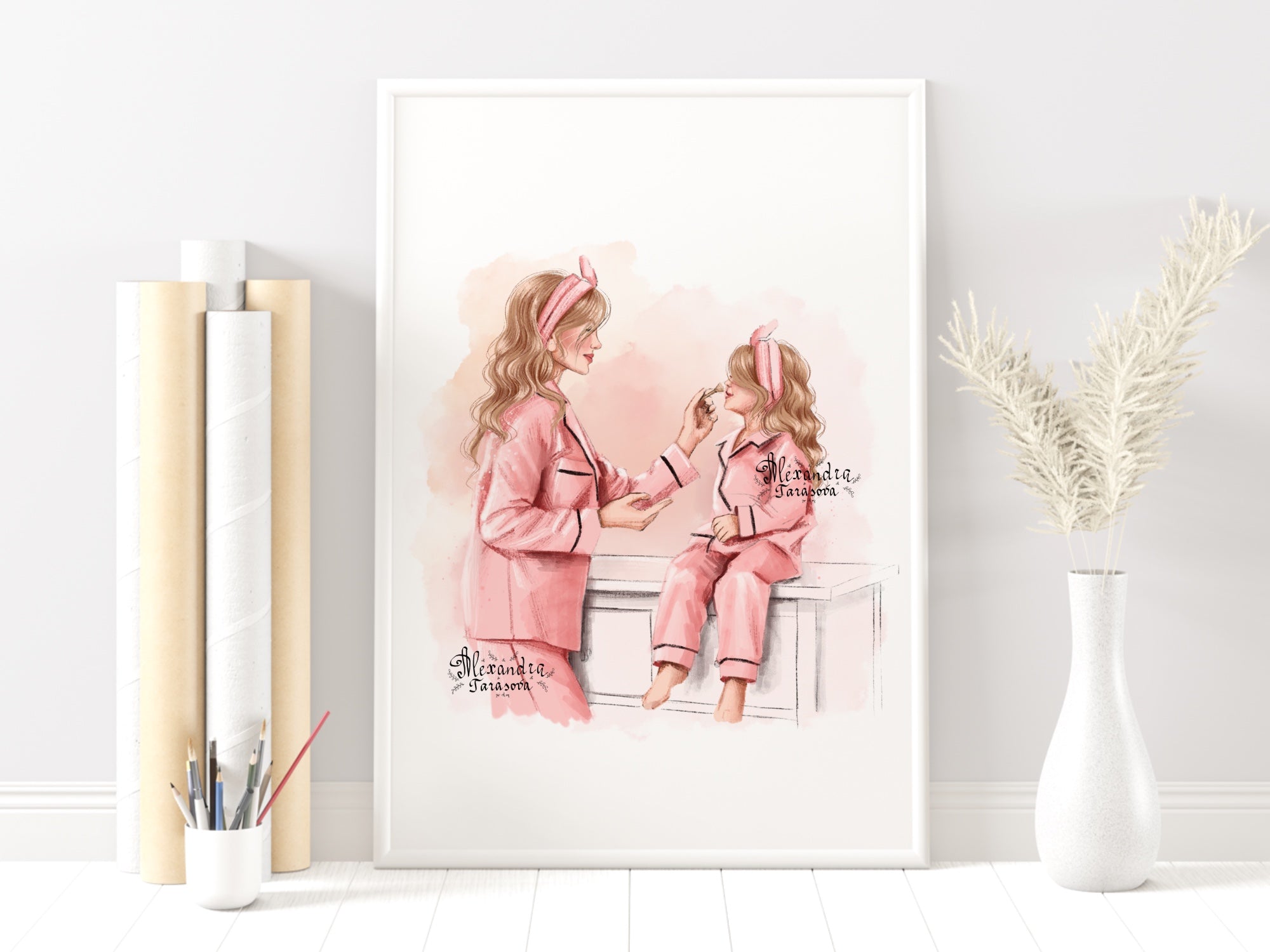 Digital Watercolor Illustration Stylish Mother And Daughter Pink Pajamas Trendy Hairstyles Pink Ribbon Printable Art