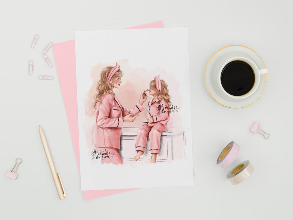 Digital Watercolor Illustration Stylish Mother And Daughter Pink Pajamas Trendy Hairstyles Pink Ribbon Printable Art