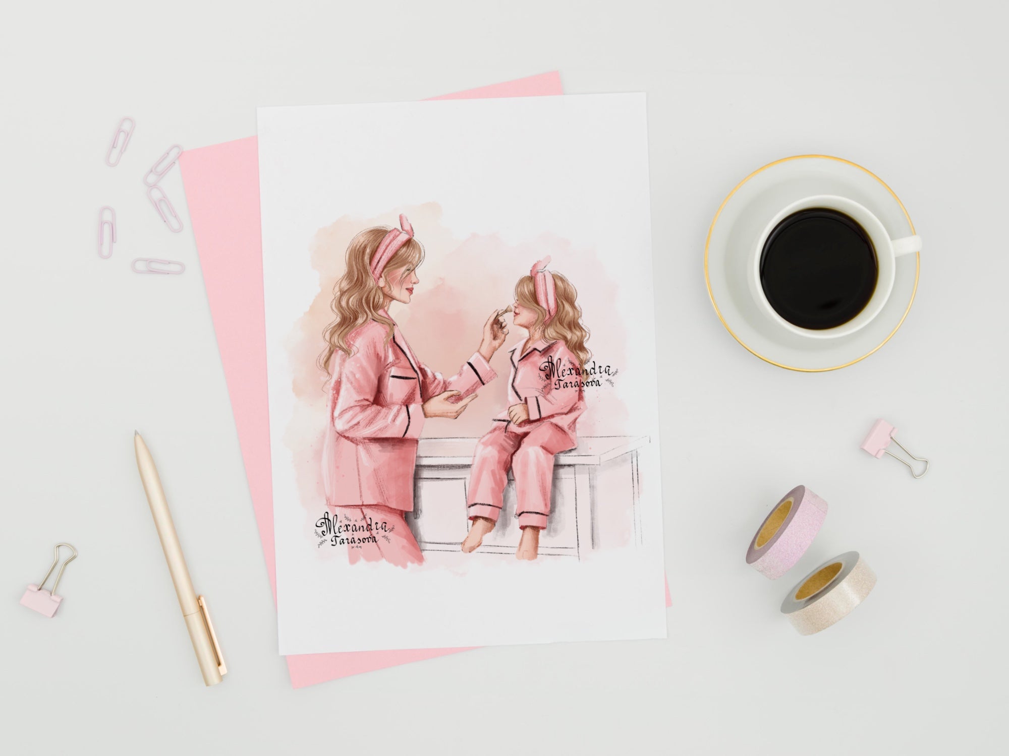 Digital Watercolor Illustration Stylish Mother And Daughter Pink Pajamas Trendy Hairstyles Pink Ribbon Printable Art