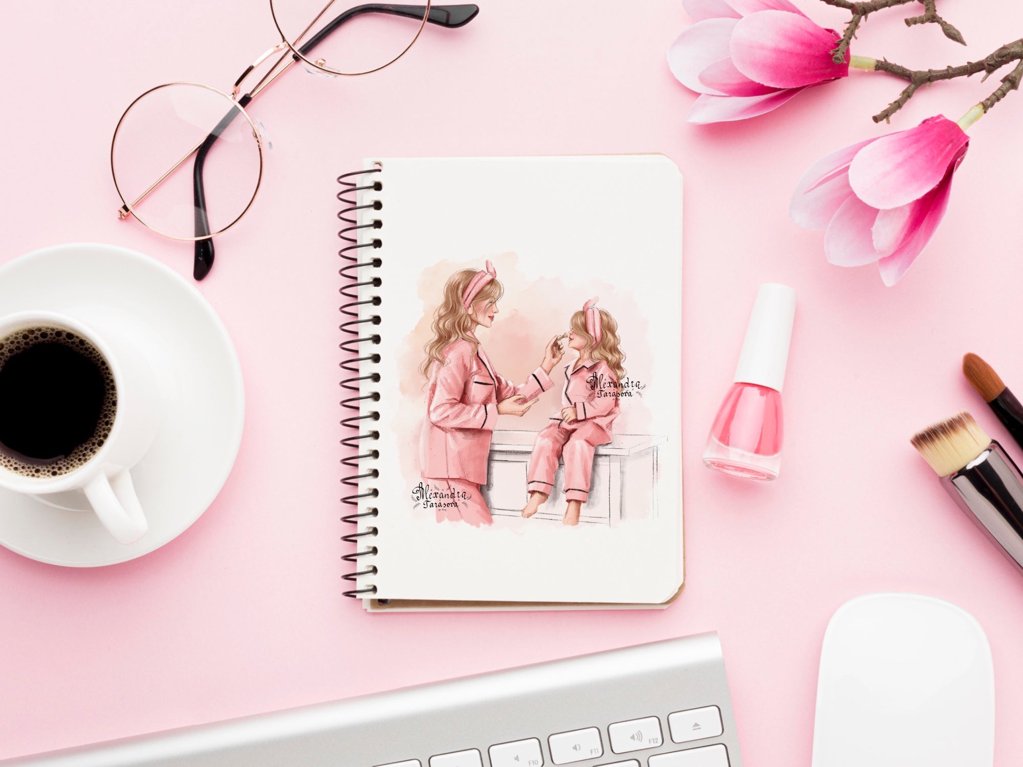 Digital Watercolor Illustration Stylish Mother And Daughter Pink Pajamas Trendy Hairstyles Pink Ribbon Printable Art