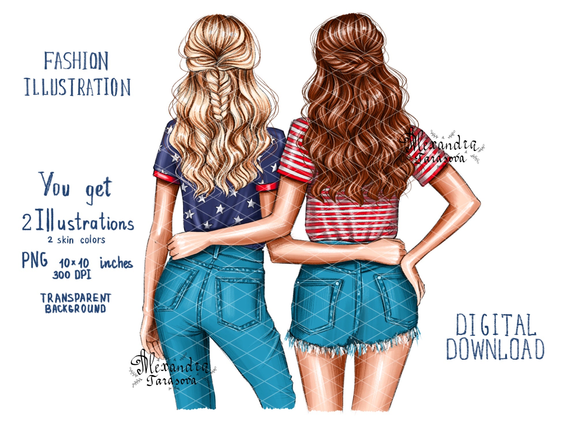 Digital Watercolor Illustration Trendy Wavy Hairstyles Blue Jeans Denim Best Friends Printable Art