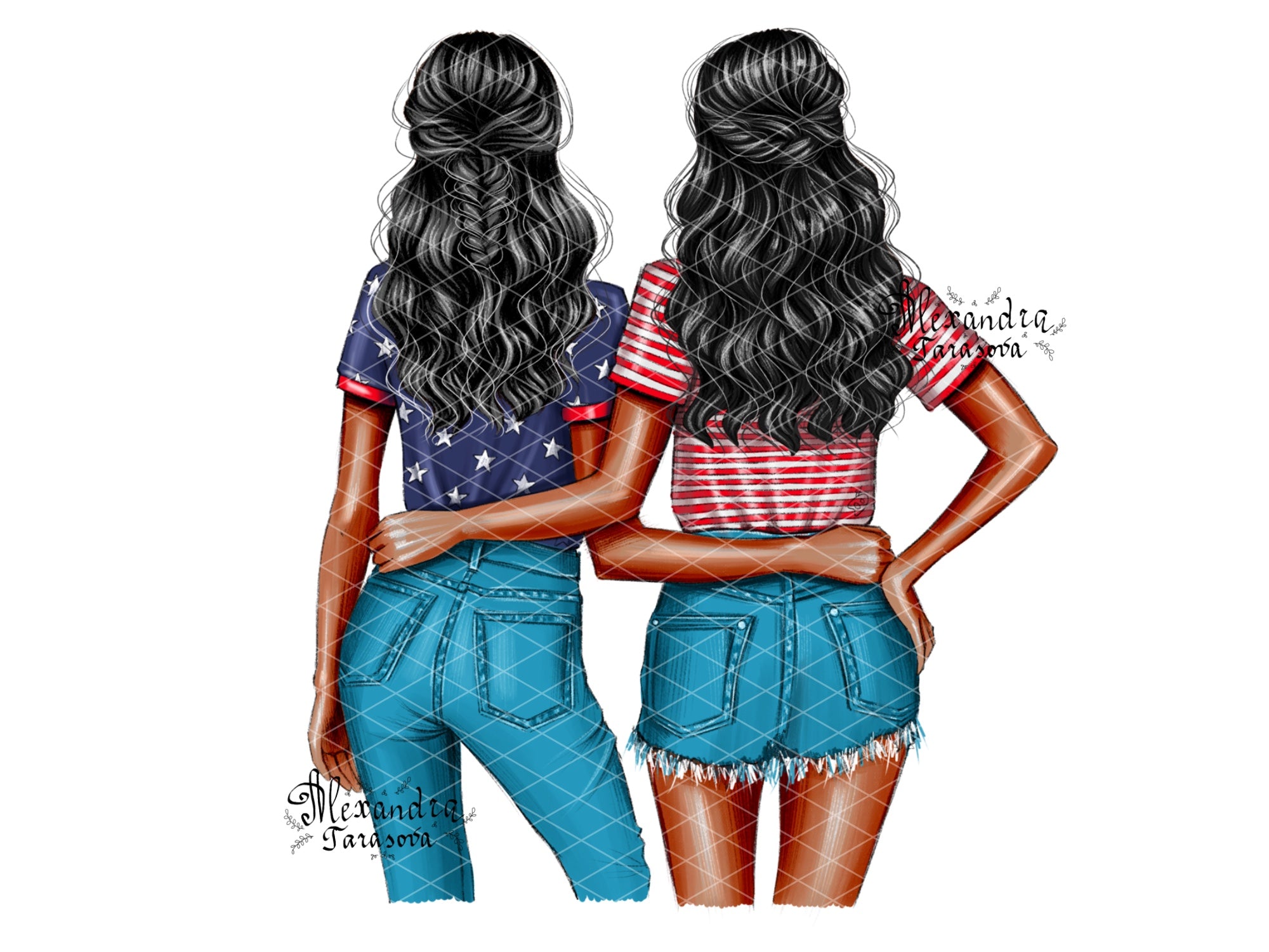 Digital Watercolor Illustration Trendy Wavy Hairstyles Blue Jeans Denim Best Friends Printable Art