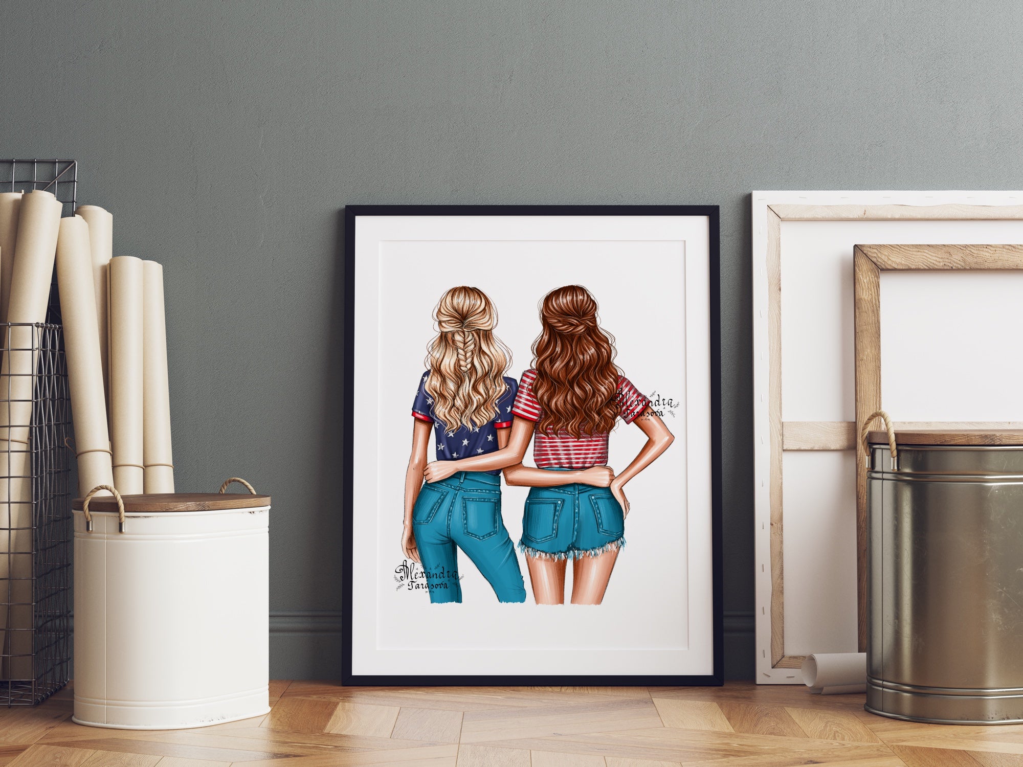 Digital Watercolor Illustration Trendy Wavy Hairstyles Blue Jeans Denim Best Friends Printable Art
