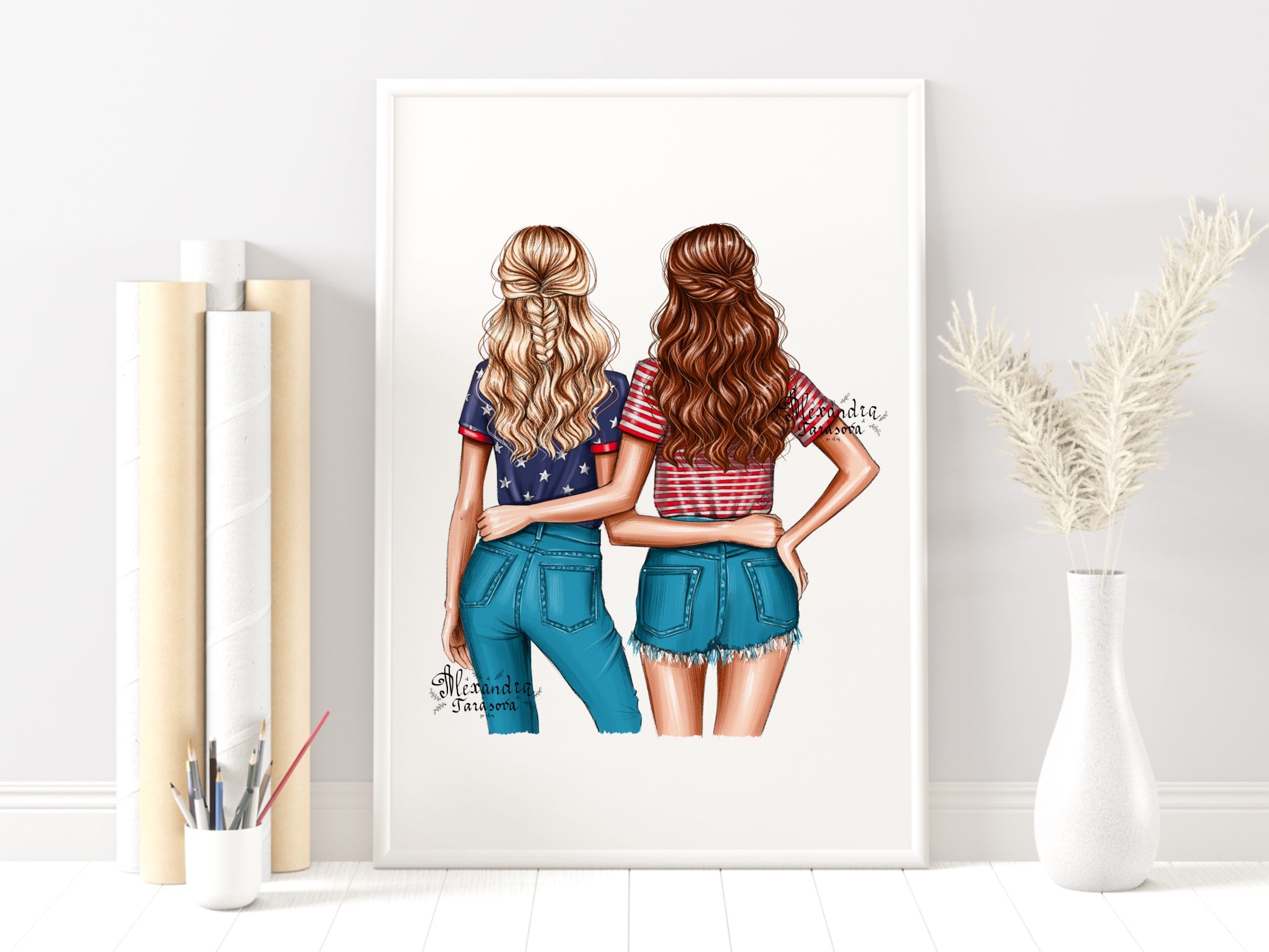 Digital Watercolor Illustration Trendy Wavy Hairstyles Blue Jeans Denim Best Friends Printable Art
