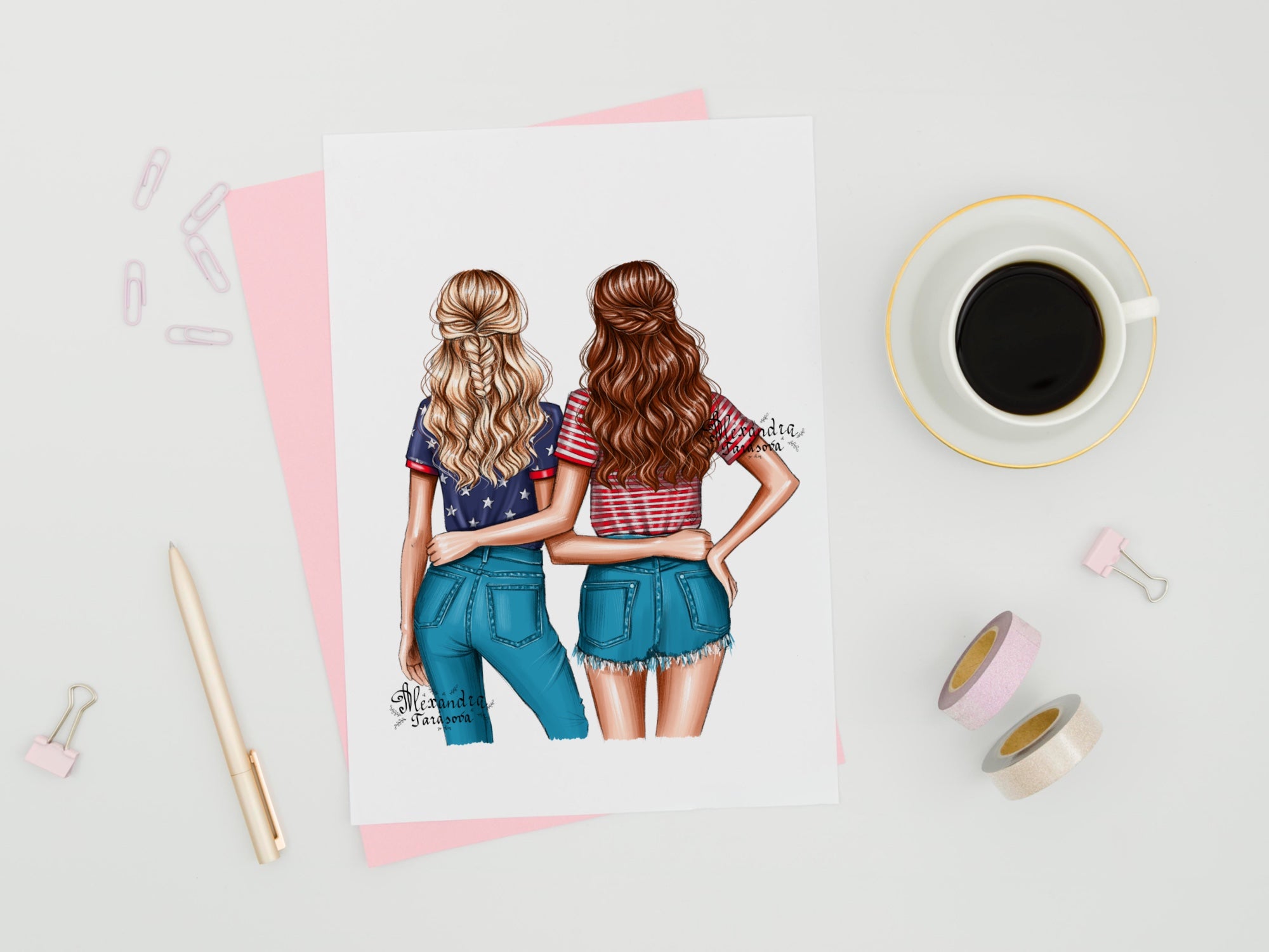 Digital Watercolor Illustration Trendy Wavy Hairstyles Blue Jeans Denim Best Friends Printable Art