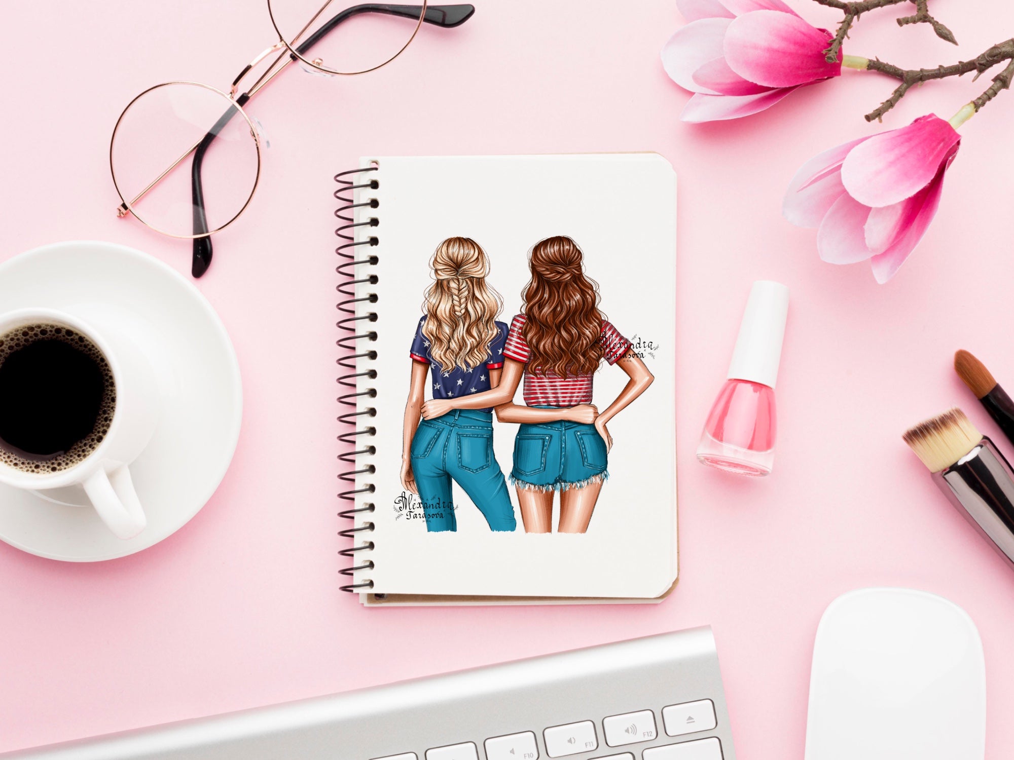 Digital Watercolor Illustration Trendy Wavy Hairstyles Blue Jeans Denim Best Friends Printable Art