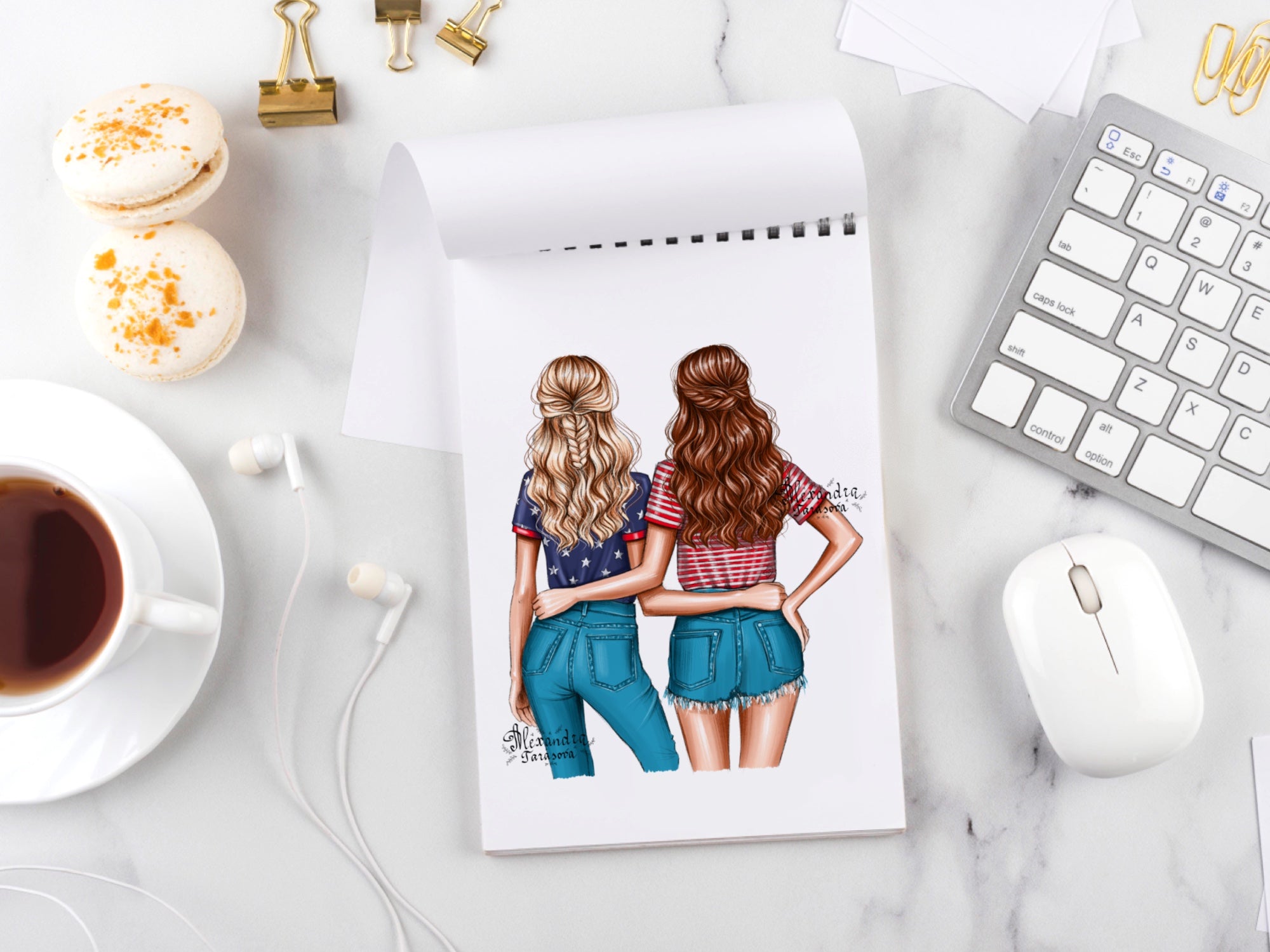 Digital Watercolor Illustration Trendy Wavy Hairstyles Blue Jeans Denim Best Friends Printable Art