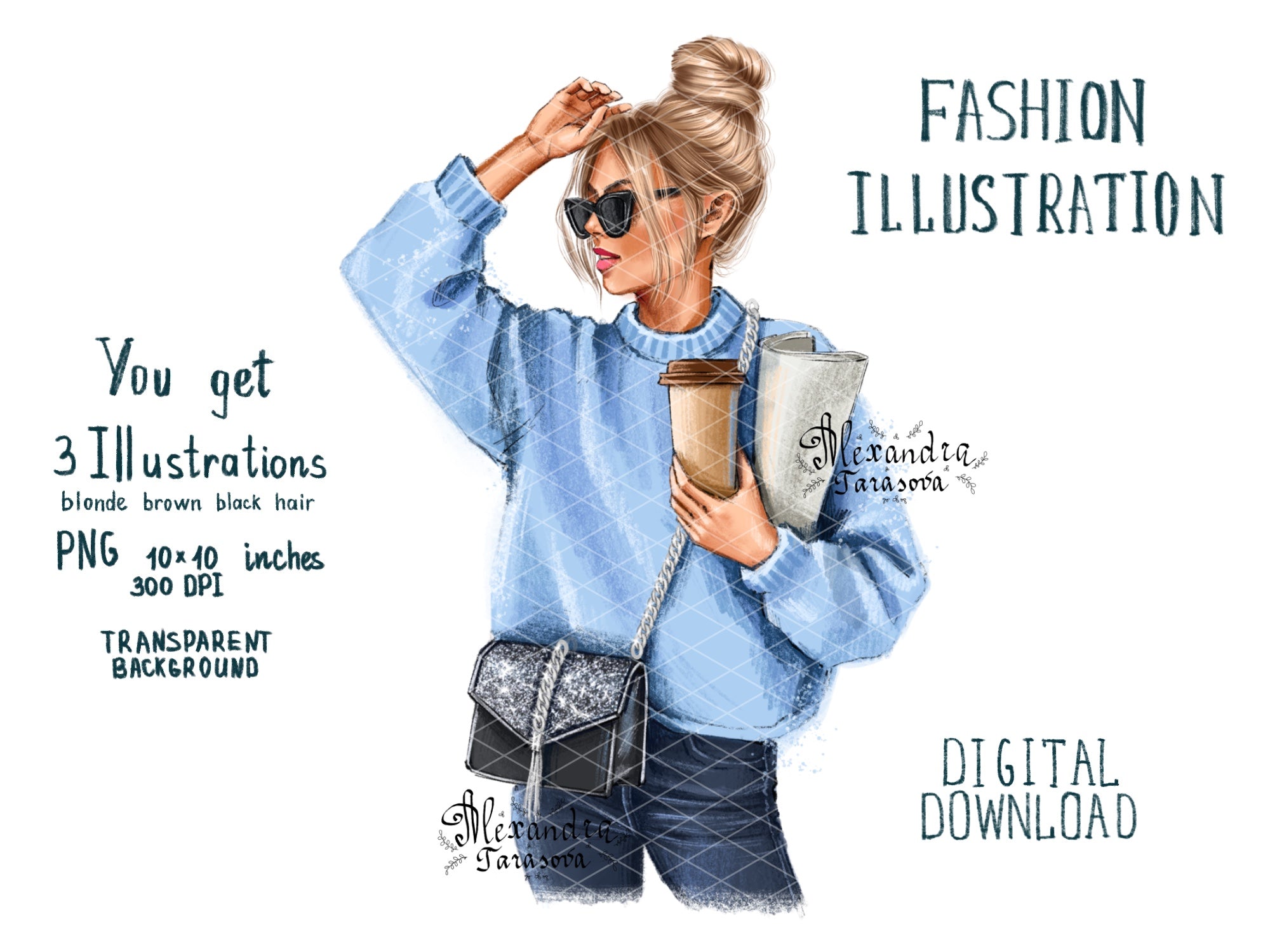 Digital Watercolor Illustration Fashion Girl Stylish Sunglasses Sweater Very Pery Printable Art Drawing Picture