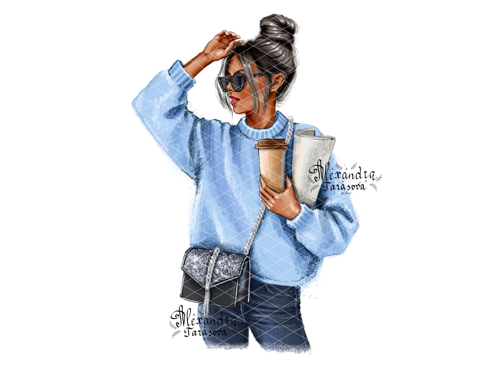 Digital Watercolor Illustration Fashion Girl Stylish Sunglasses Sweater Very Pery Printable Art Drawing Picture