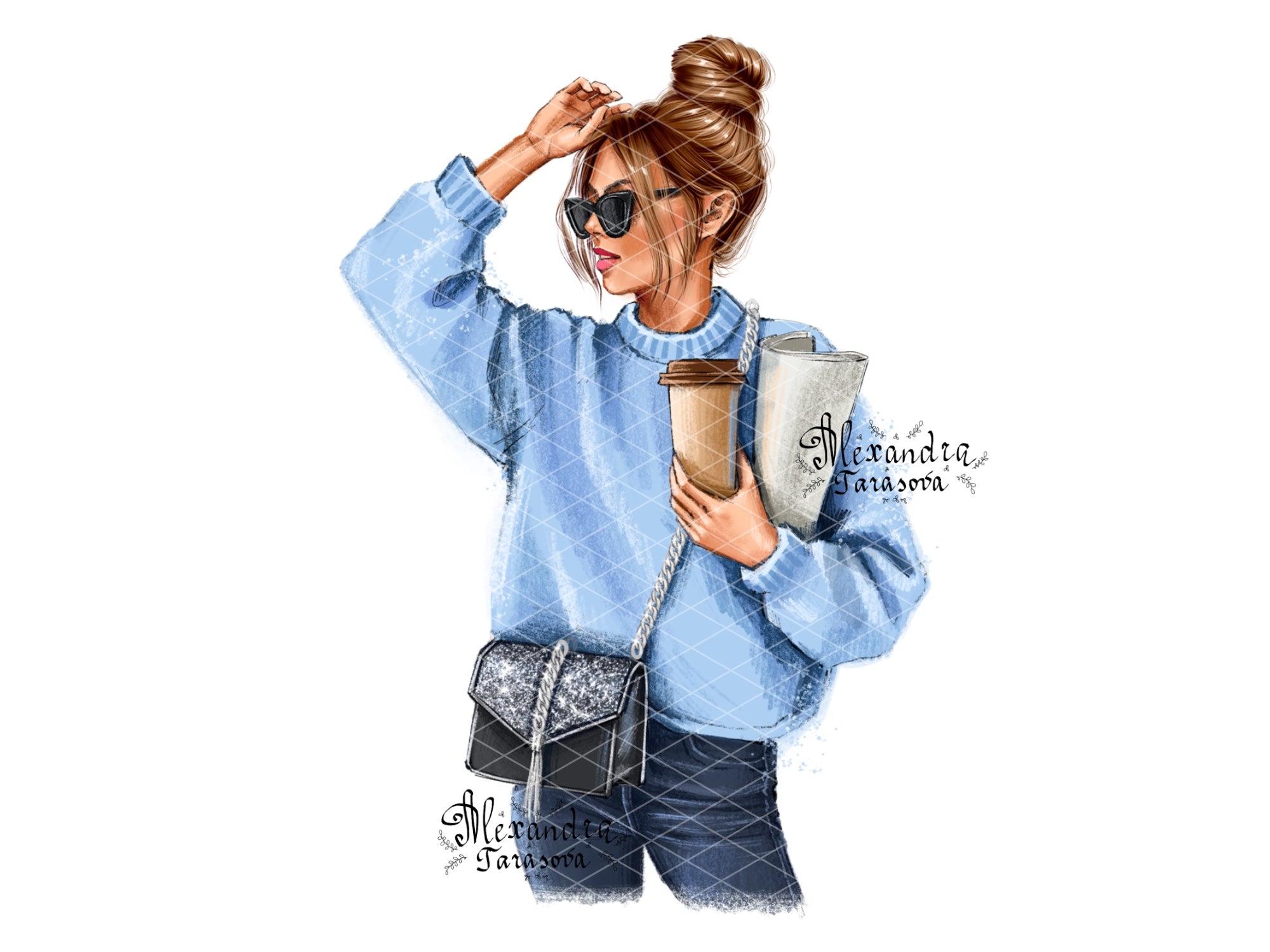 Digital Watercolor Illustration Fashion Girl Stylish Sunglasses Sweater Very Pery Printable Art Drawing Picture