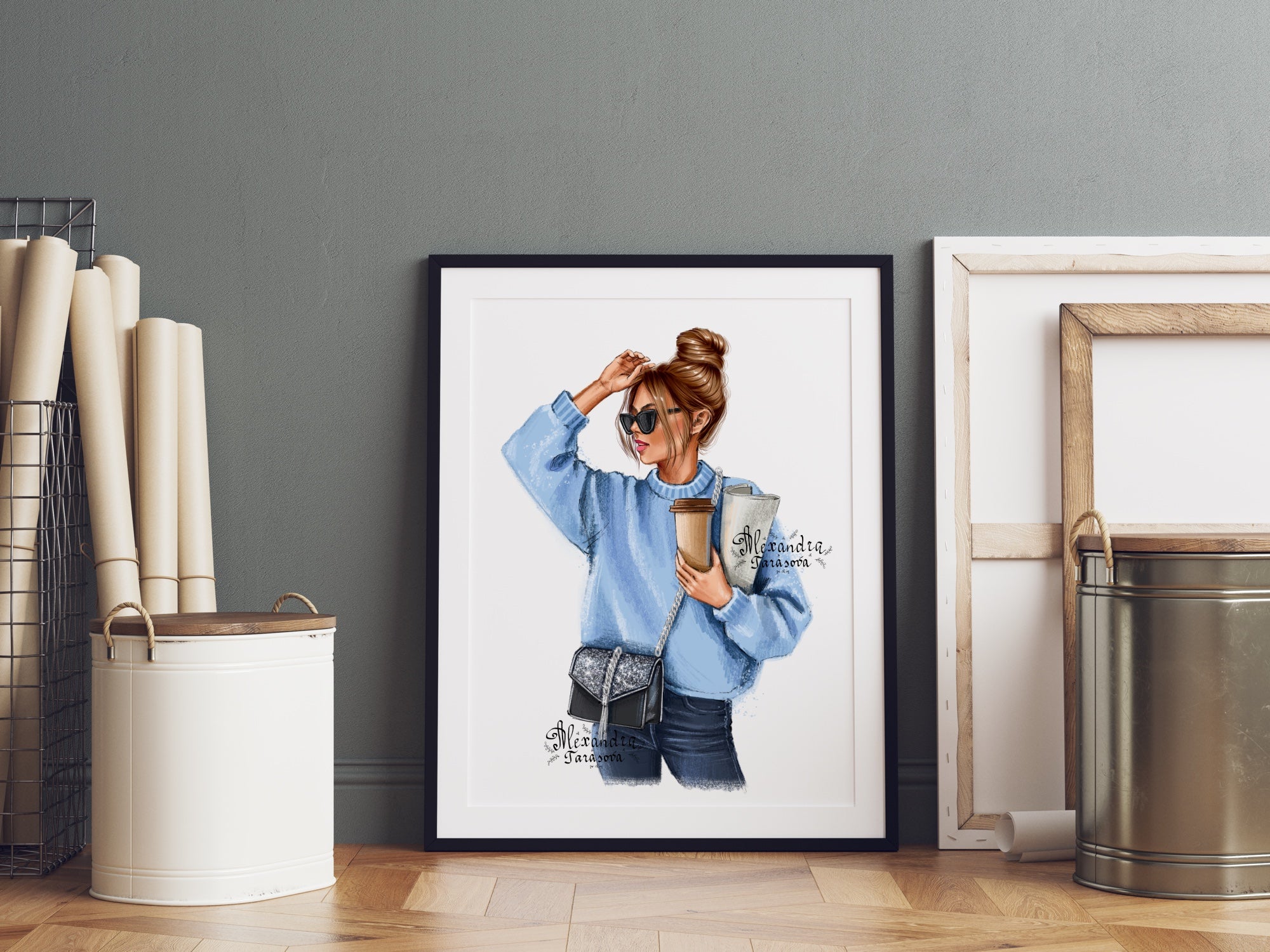 Digital Watercolor Illustration Fashion Girl Stylish Sunglasses Sweater Very Pery Printable Art Drawing Picture