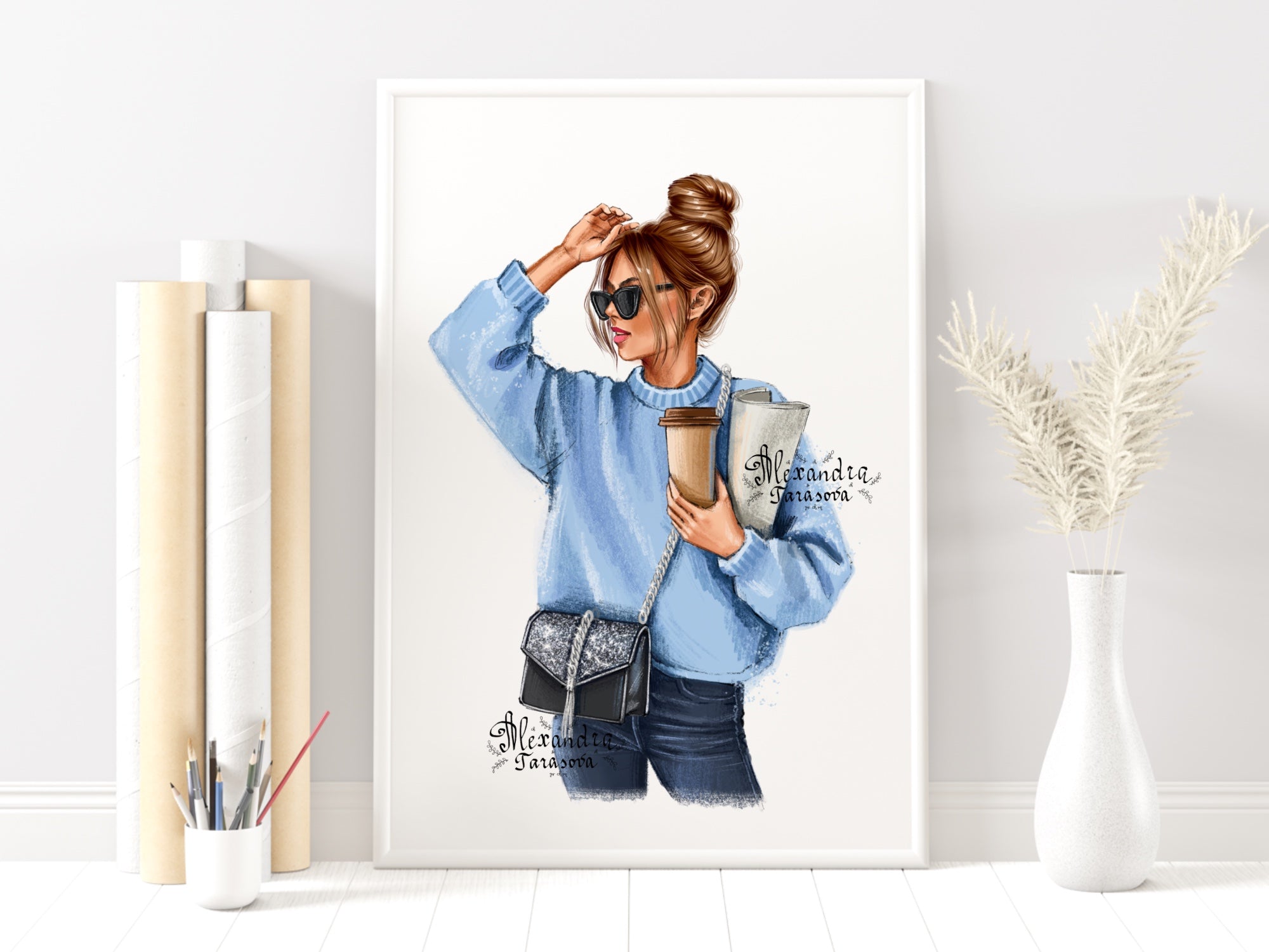 Digital Watercolor Illustration Fashion Girl Stylish Sunglasses Sweater Very Pery Printable Art Drawing Picture