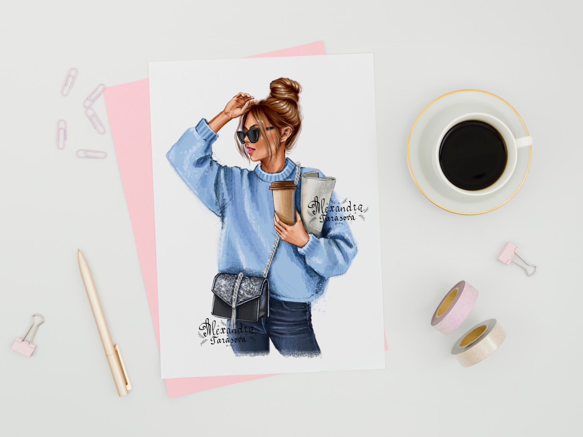 Digital Watercolor Illustration Fashion Girl Stylish Sunglasses Sweater Very Pery Printable Art Drawing Picture