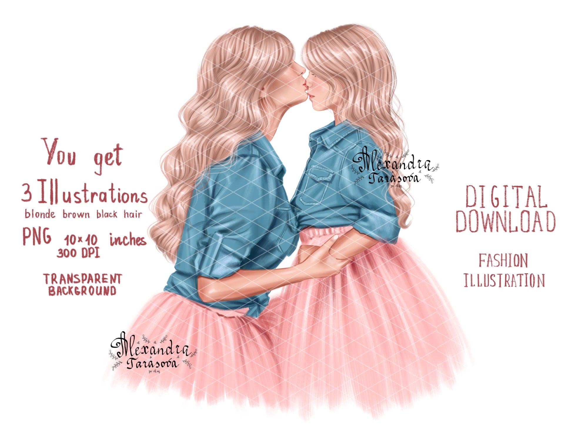 Digital Illustration Stylish Mother And Daughter Trendy Hairstyles Blue Denim Pink Skirt Tutu Printable Art