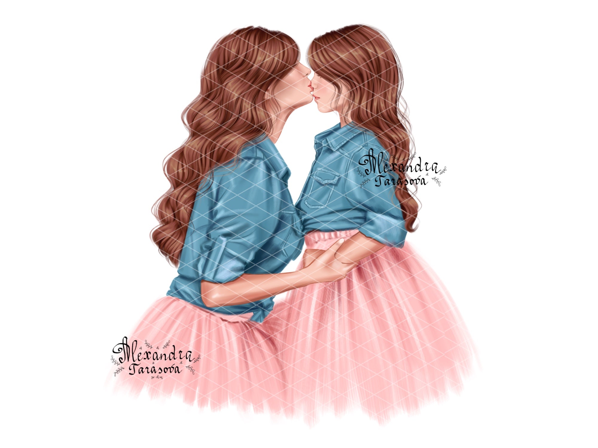 Digital Illustration Stylish Mother And Daughter Trendy Hairstyles Blue Denim Pink Skirt Tutu Printable Art