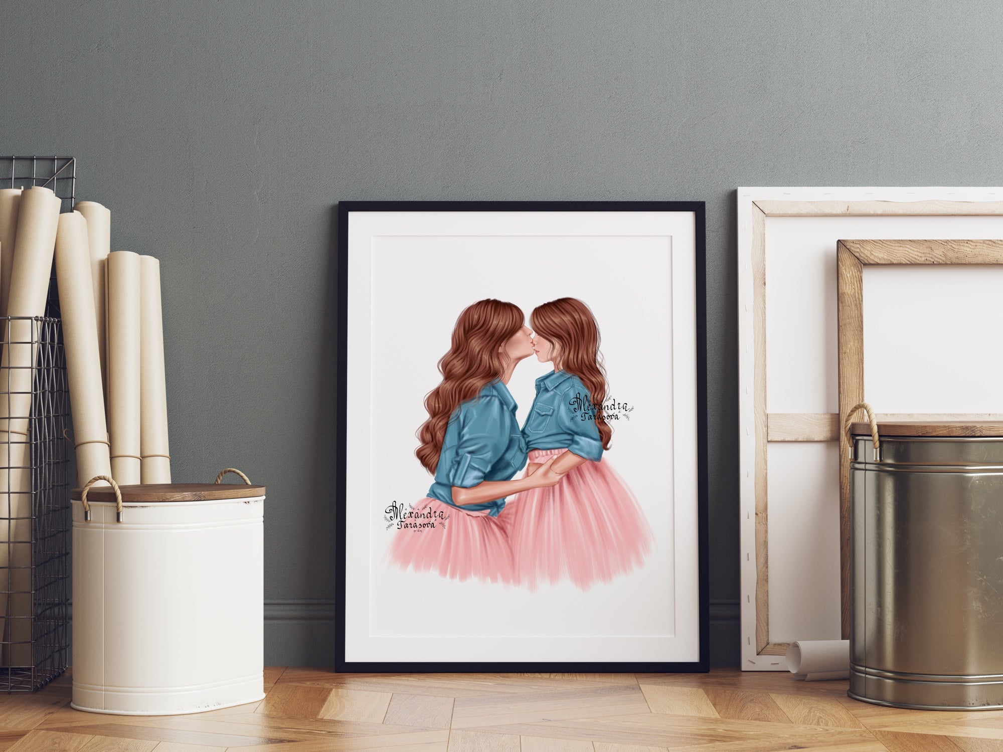 Digital Illustration Stylish Mother And Daughter Trendy Hairstyles Blue Denim Pink Skirt Tutu Printable Art
