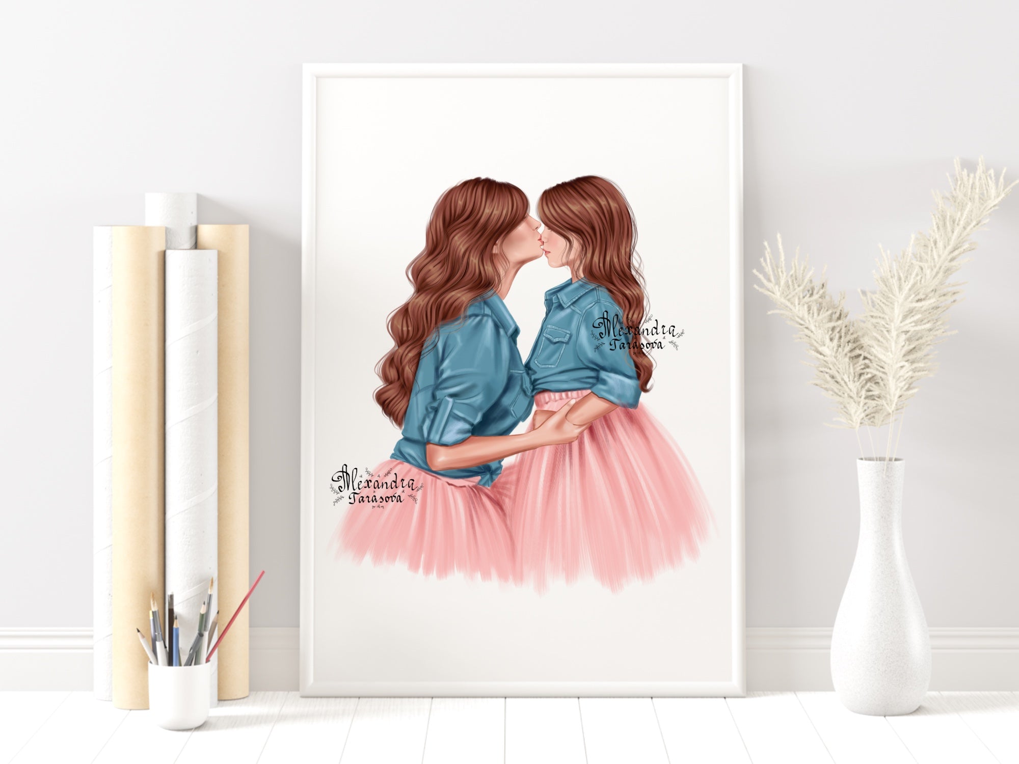 Digital Illustration Stylish Mother And Daughter Trendy Hairstyles Blue Denim Pink Skirt Tutu Printable Art
