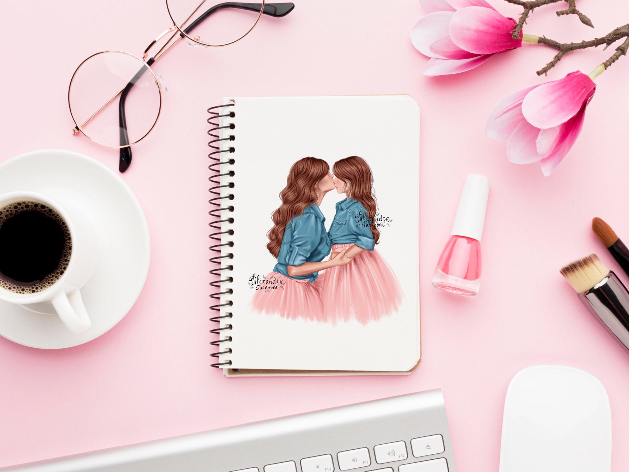 Digital Illustration Stylish Mother And Daughter Trendy Hairstyles Blue Denim Pink Skirt Tutu Printable Art