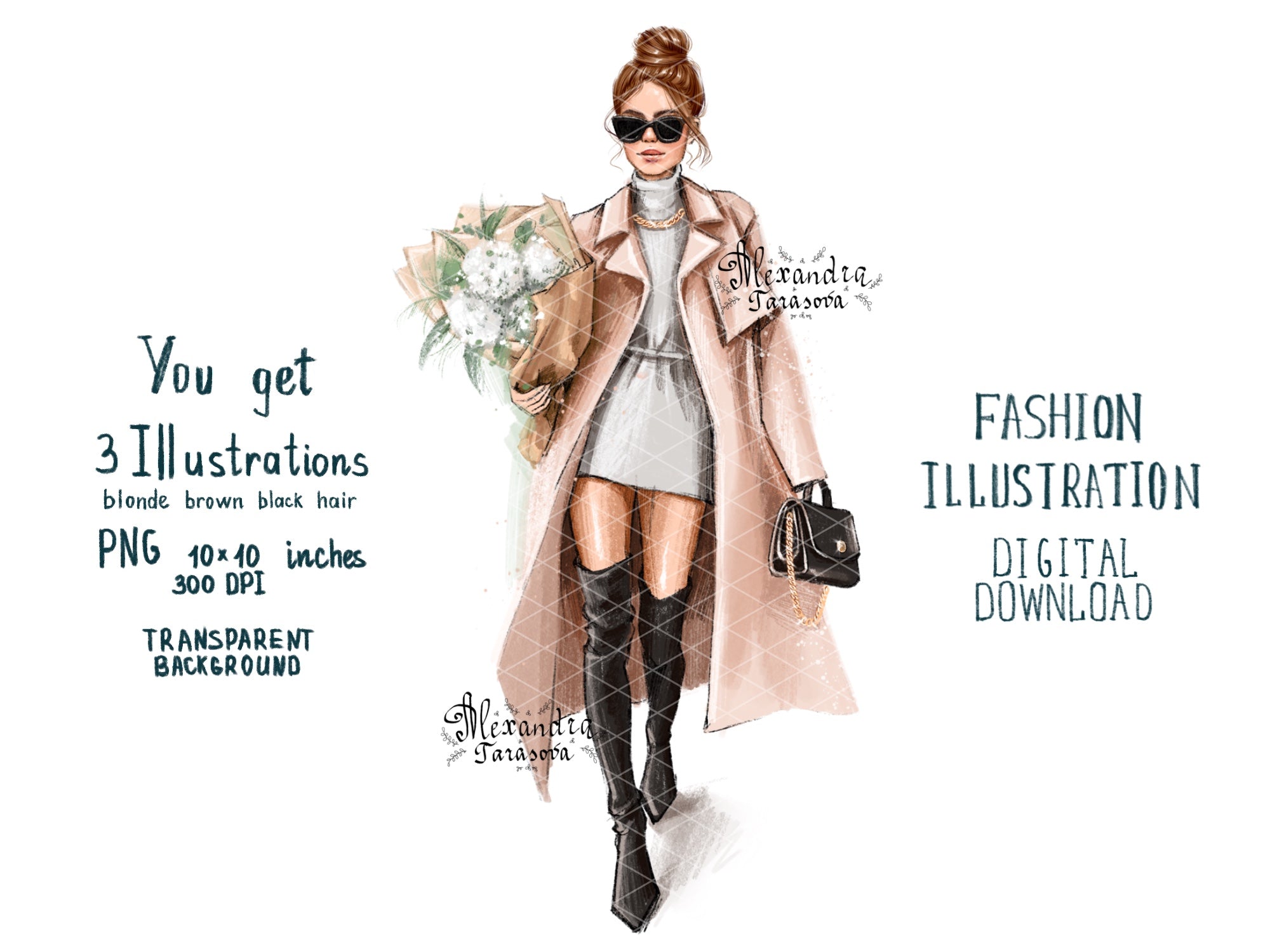 Digital Watercolor Illustration Fashion Girl Spring Flowers Watercolor Painting Drawing Style Printable Art Stylish Coat Jacket