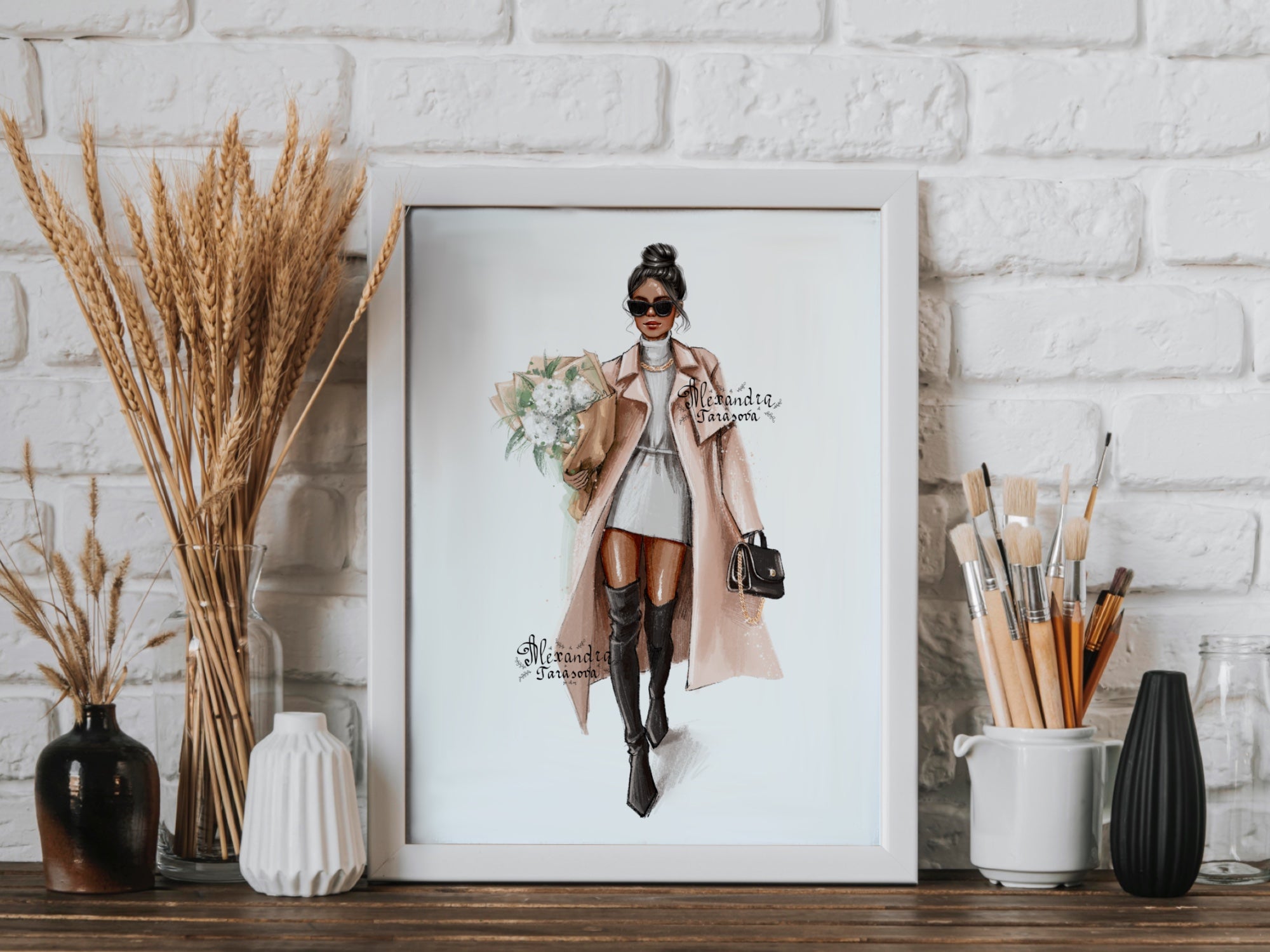 Digital Watercolor Illustration Fashion Girl Spring Flowers Watercolor Painting Drawing Style Printable Art Stylish Coat Jacket