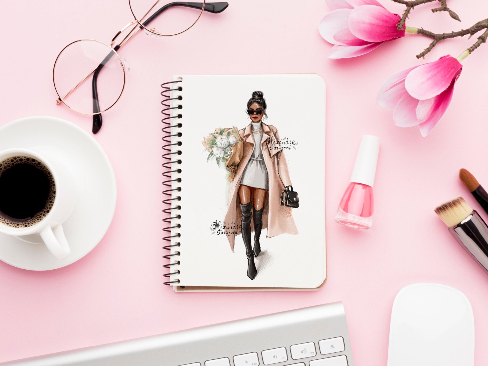 Digital Watercolor Illustration Fashion Girl Spring Flowers Watercolor Painting Drawing Style Printable Art Stylish Coat Jacket