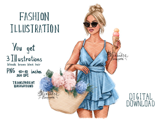 Digital Illustration Watercolor Painting Fashion Girl Summer Flowers Blue Dress Clipart Stickers Png Files Stylish Sunglasses