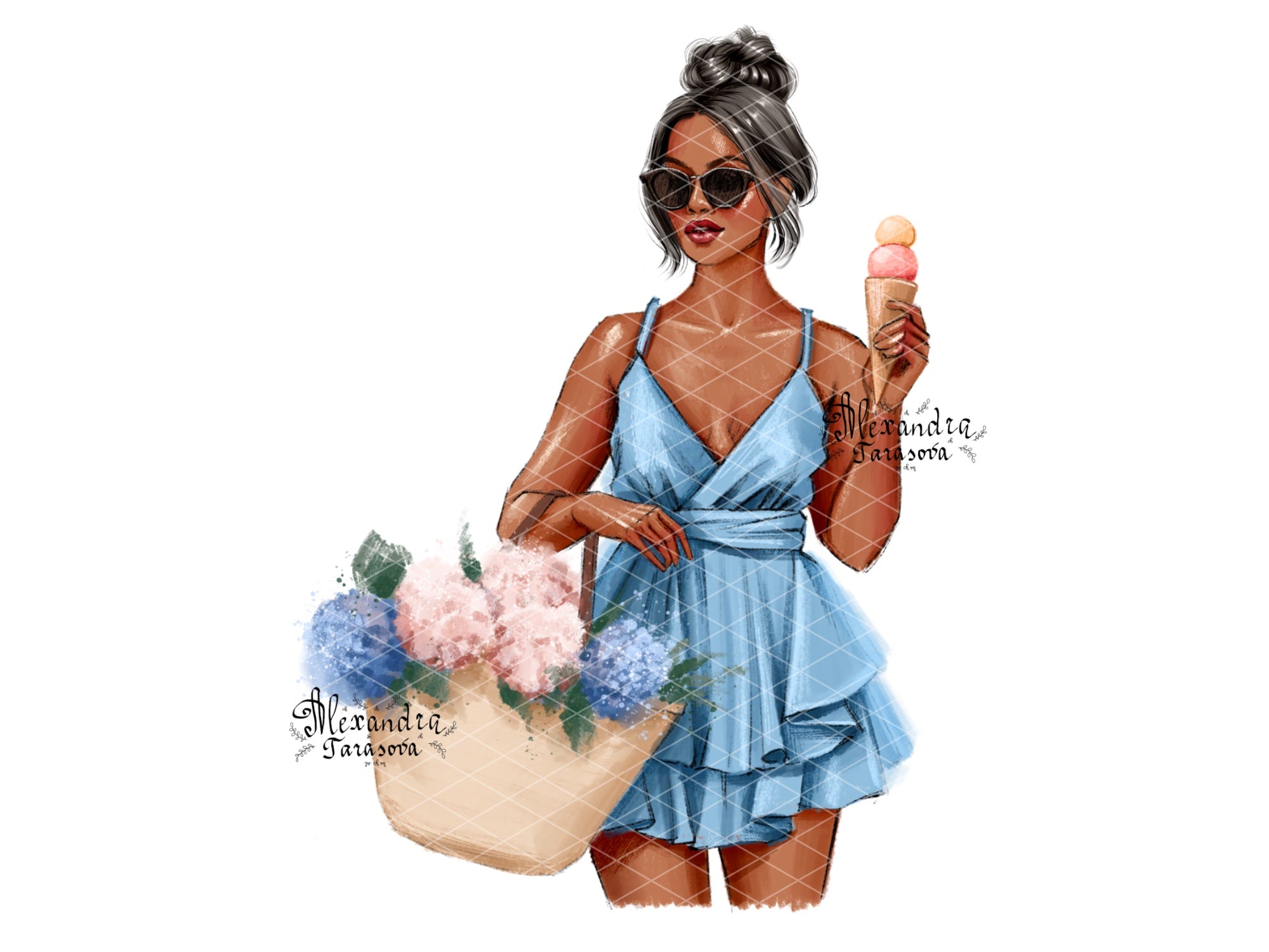 Digital Illustration Watercolor Painting Fashion Girl Summer Flowers Blue Dress Clipart Stickers Png Files Stylish Sunglasses