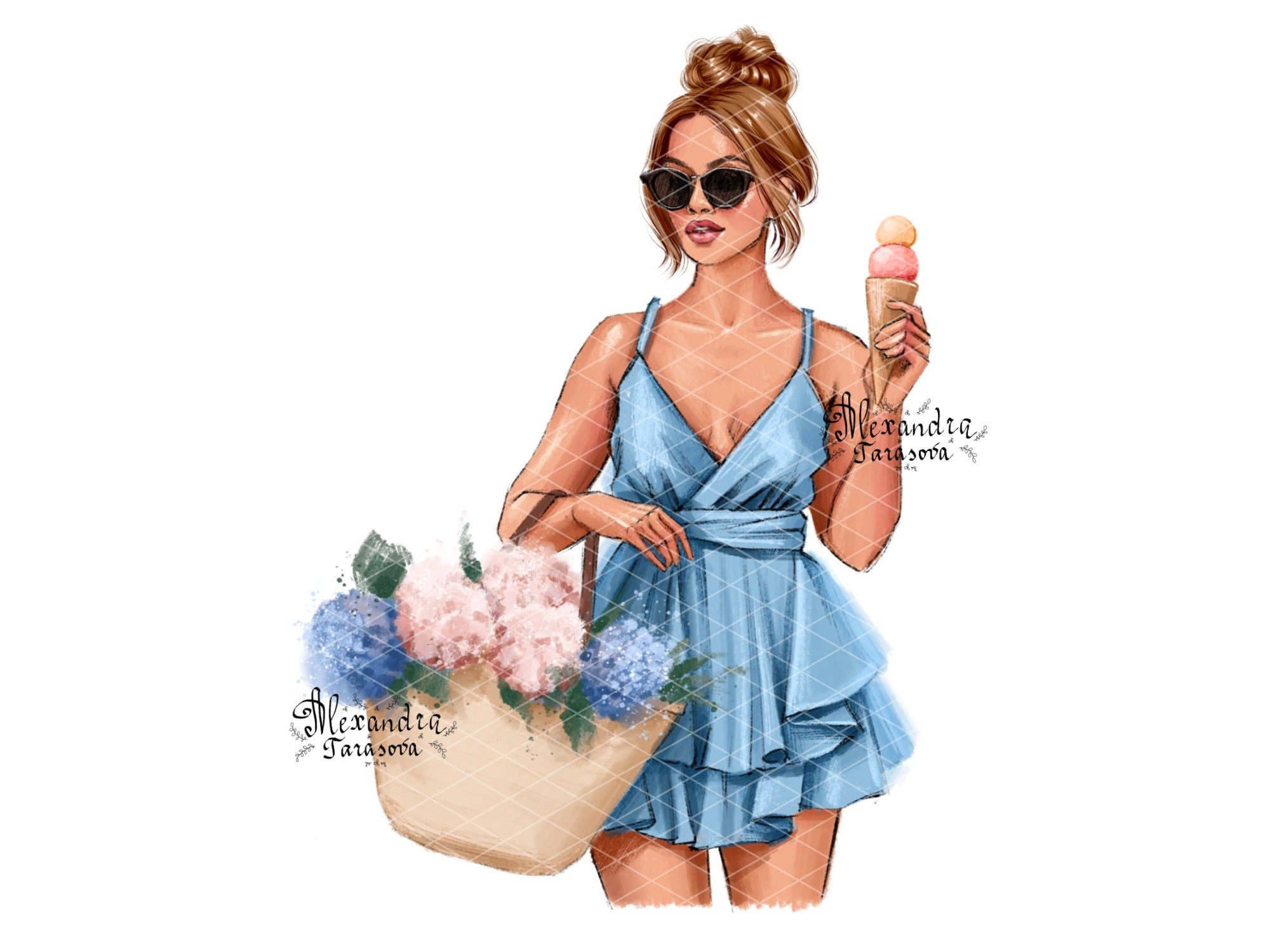Digital Illustration Watercolor Painting Fashion Girl Summer Flowers Blue Dress Clipart Stickers Png Files Stylish Sunglasses