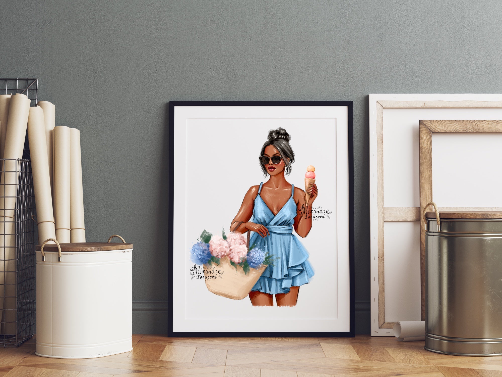 Digital Illustration Watercolor Painting Fashion Girl Summer Flowers Blue Dress Clipart Stickers Png Files Stylish Sunglasses