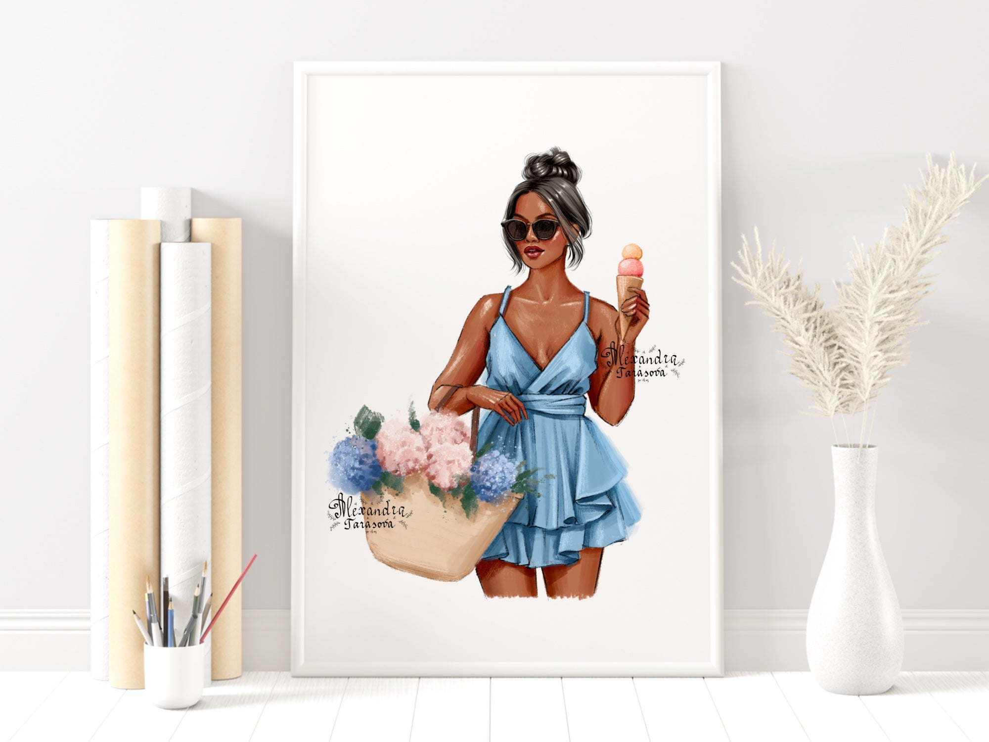 Digital Illustration Watercolor Painting Fashion Girl Summer Flowers Blue Dress Clipart Stickers Png Files Stylish Sunglasses