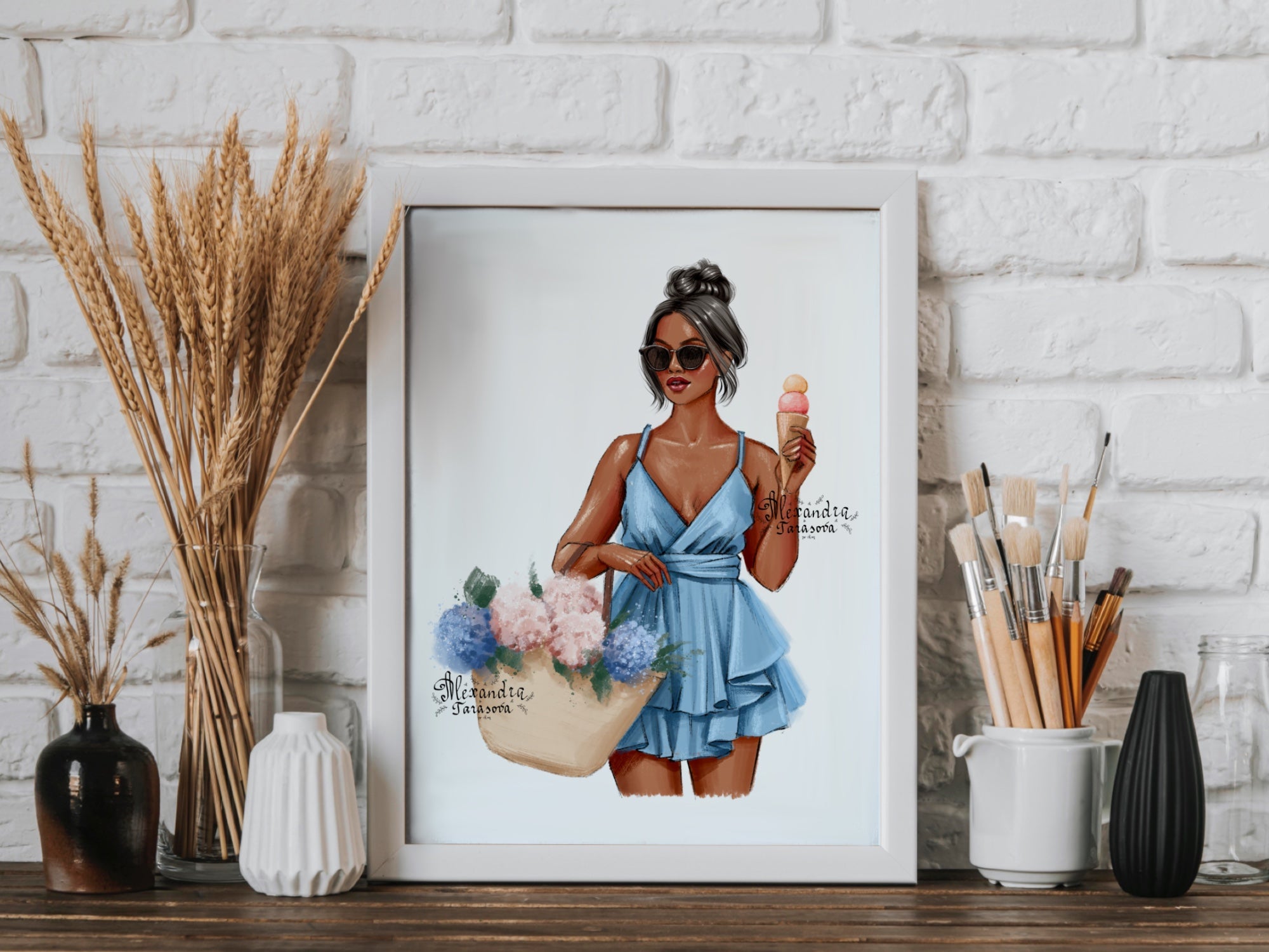 Digital Illustration Watercolor Painting Fashion Girl Summer Flowers Blue Dress Clipart Stickers Png Files Stylish Sunglasses