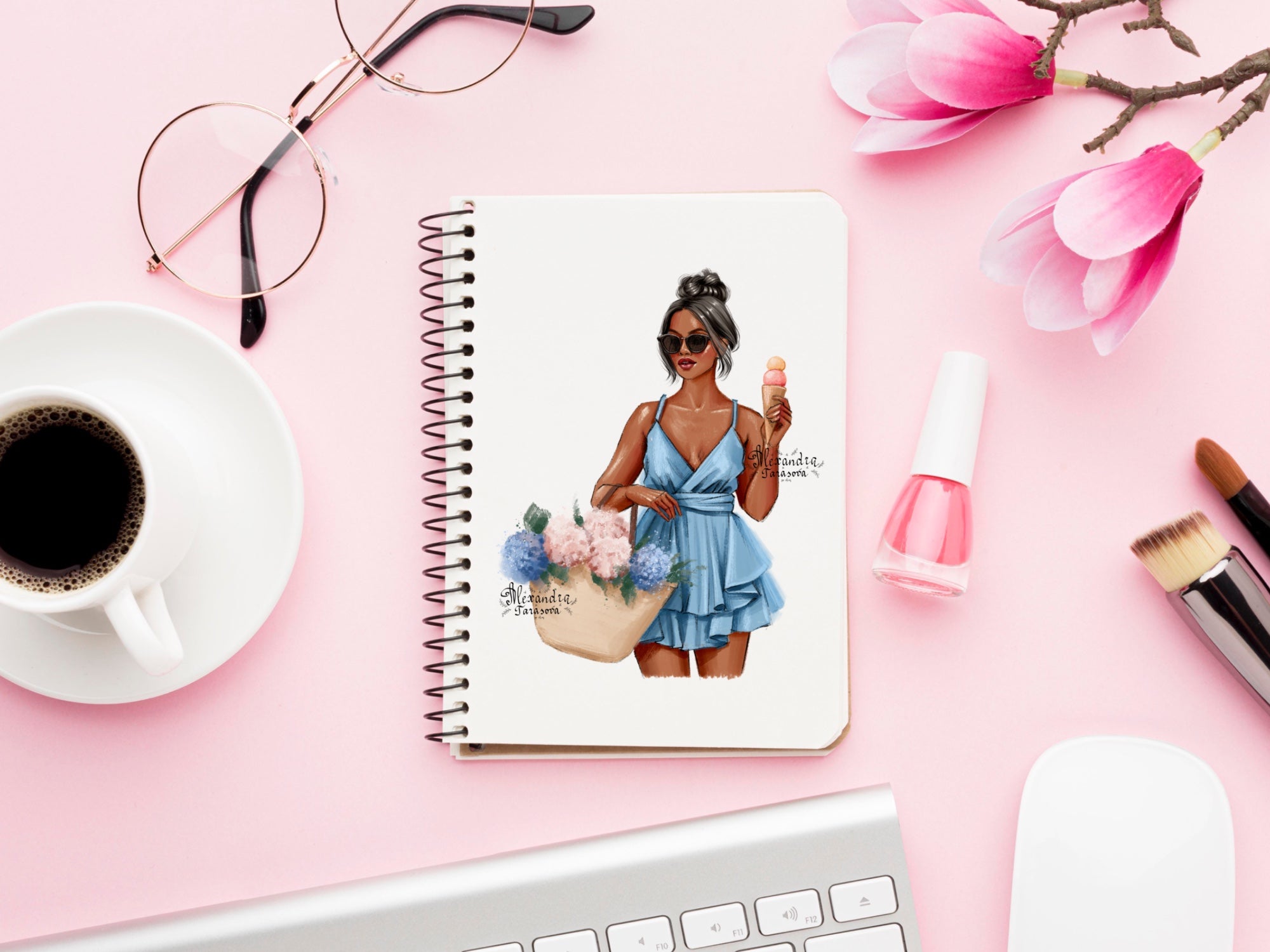 Digital Illustration Watercolor Painting Fashion Girl Summer Flowers Blue Dress Clipart Stickers Png Files Stylish Sunglasses
