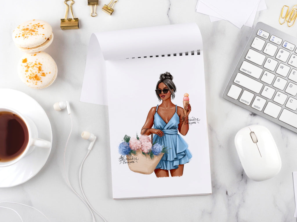 Digital Illustration Watercolor Painting Fashion Girl Summer Flowers Blue Dress Clipart Stickers Png Files Stylish Sunglasses
