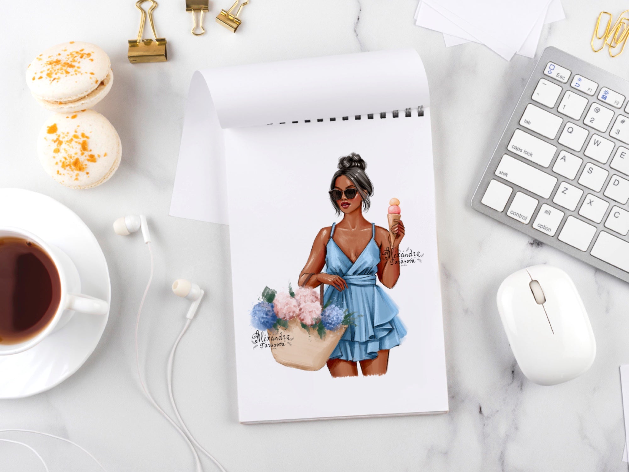 Digital Illustration Watercolor Painting Fashion Girl Summer Flowers Blue Dress Clipart Stickers Png Files Stylish Sunglasses