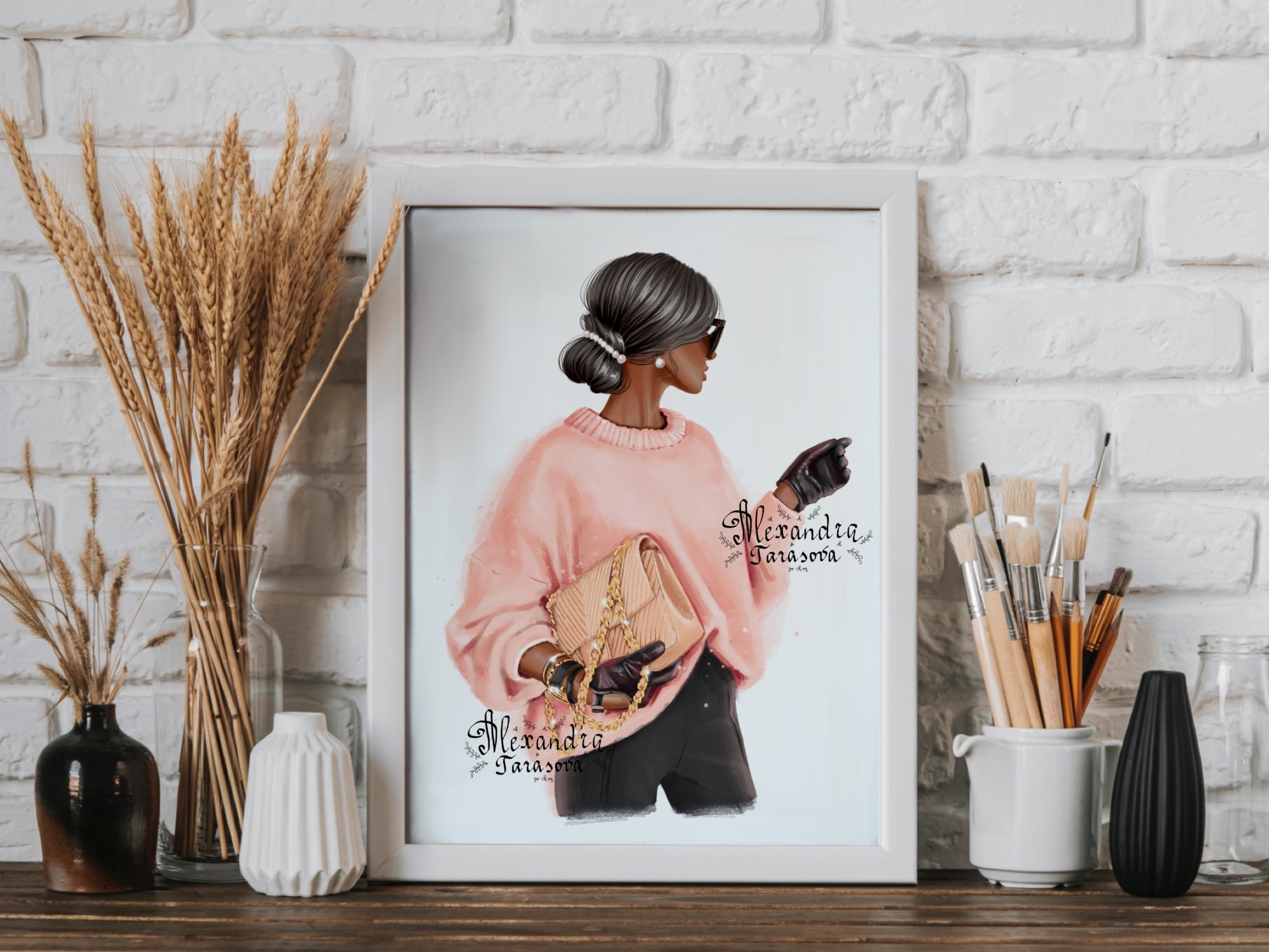 Digital Watercolor Illustration Fashion Girl Trendy Hairstyles Bun Pink Sweater Stylish Bag Painting Printable Art