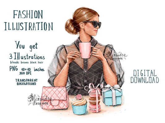 Digital Watercolor Illustration Fashion Girl Stylish Sunglasses Coffee Cup Cafe Picture Drawing Painting Style Clipart Stickers