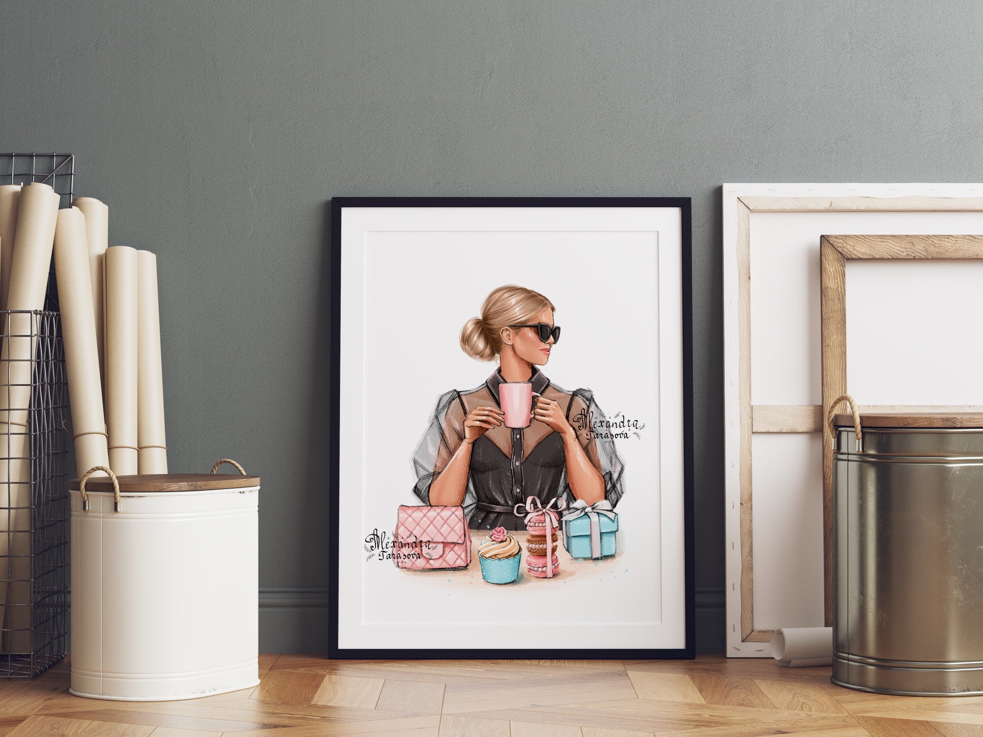 Digital Watercolor Illustration Fashion Girl Stylish Sunglasses Coffee Cup Cafe Picture Drawing Painting Style Clipart Stickers