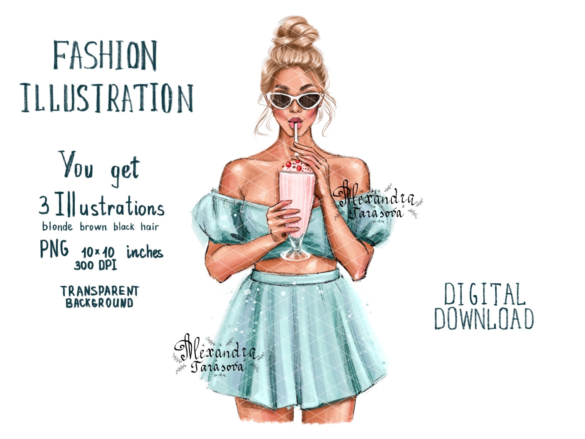Digital Watercolor Illustration Summer Cocktail Stylish Girl Blue Dress Printable Art Trendy Hairstyles Clipart Stickers Planner Dashboard