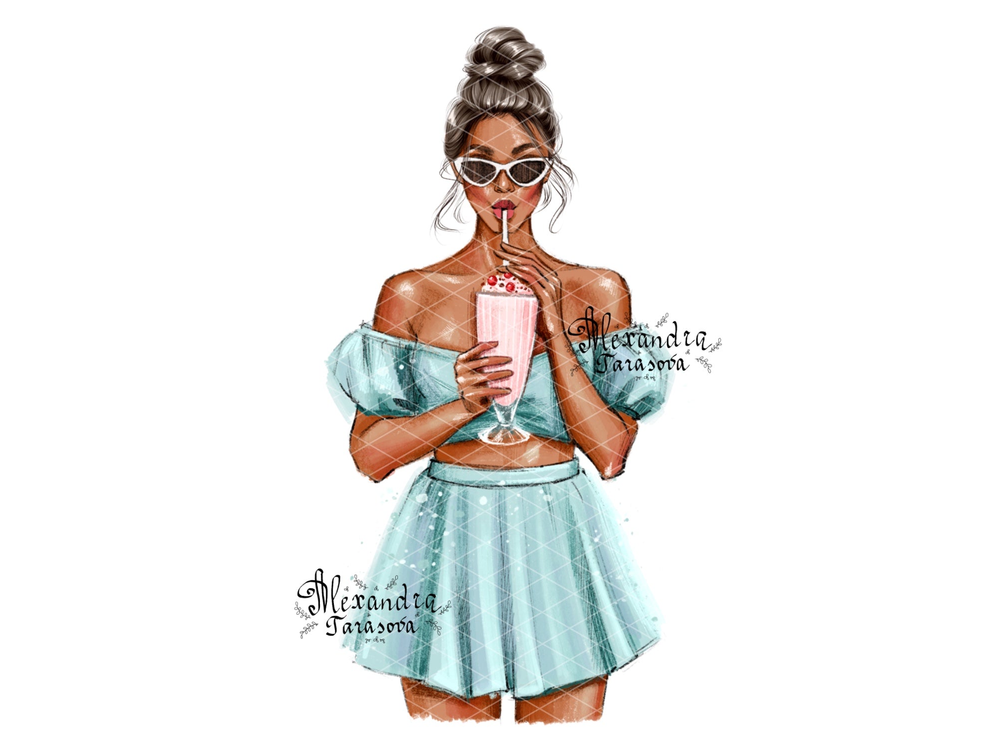 Digital Watercolor Illustration Summer Cocktail Stylish Girl Blue Dress Printable Art Trendy Hairstyles Clipart Stickers Planner Dashboard