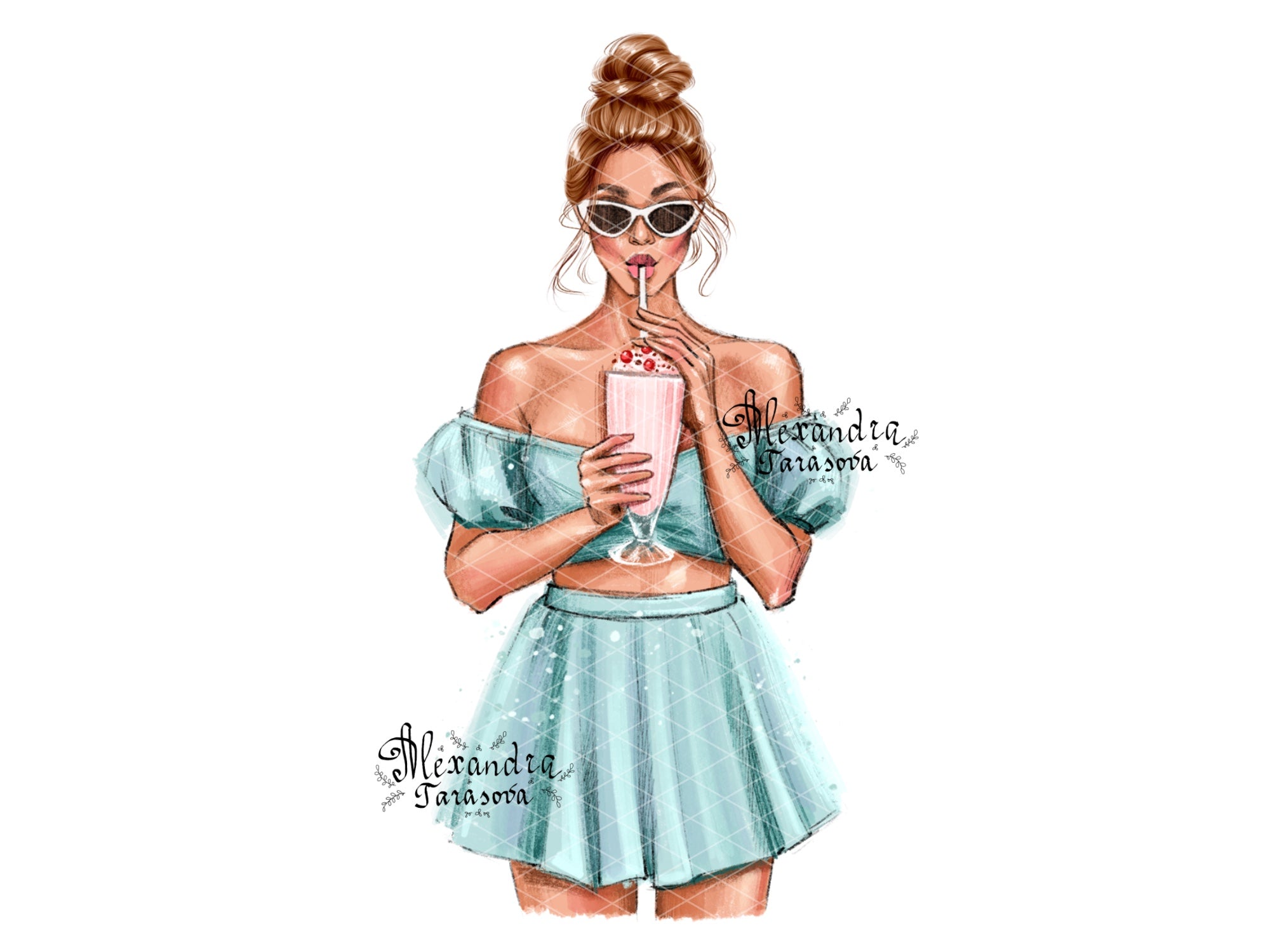 Digital Watercolor Illustration Summer Cocktail Stylish Girl Blue Dress Printable Art Trendy Hairstyles Clipart Stickers Planner Dashboard