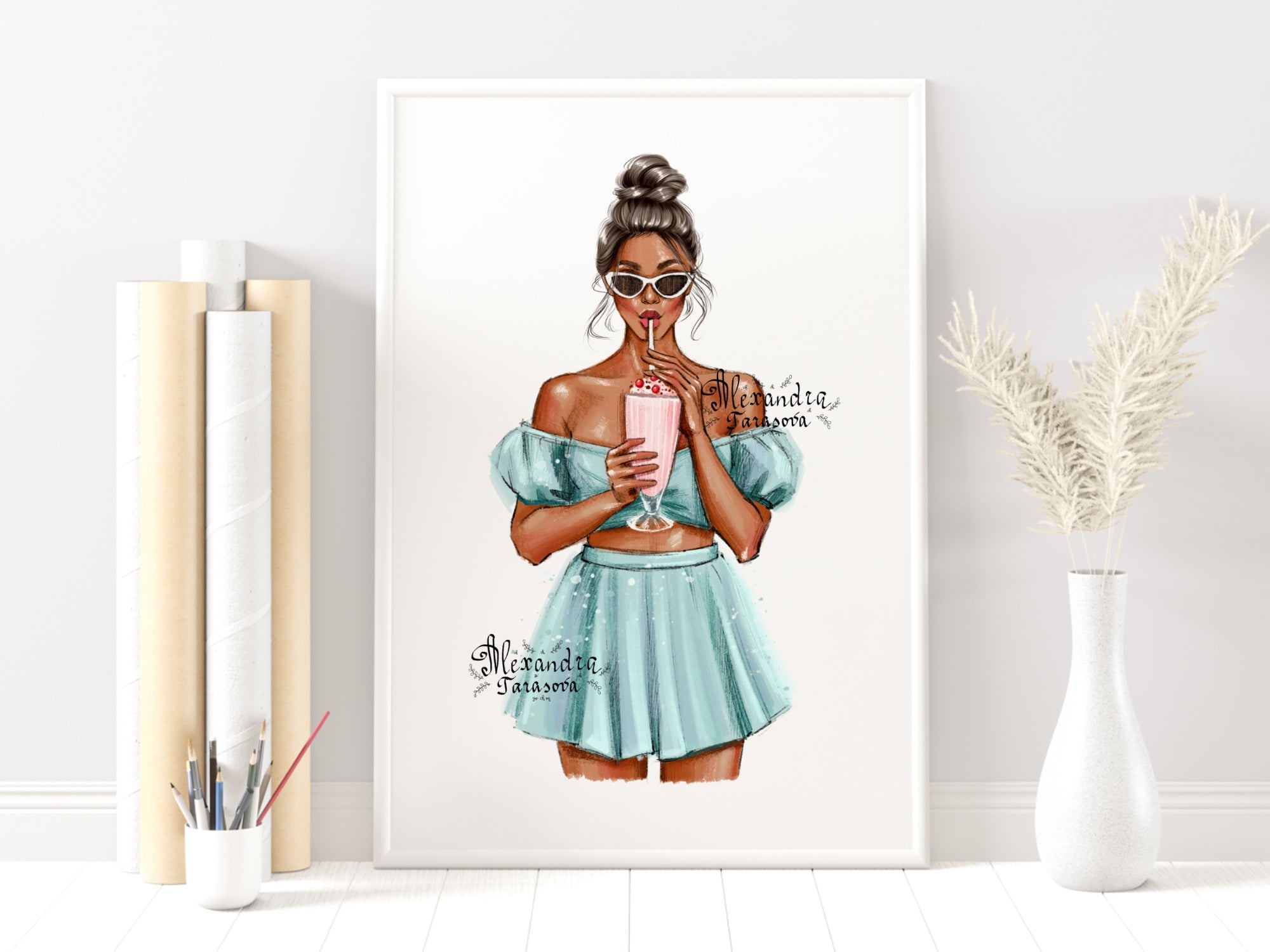Digital Watercolor Illustration Summer Cocktail Stylish Girl Blue Dress Printable Art Trendy Hairstyles Clipart Stickers Planner Dashboard