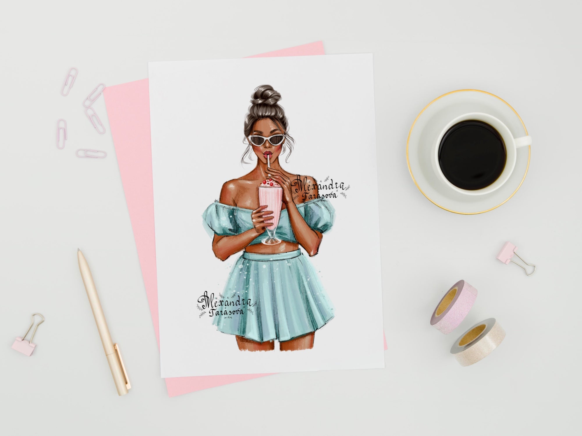 Digital Watercolor Illustration Summer Cocktail Stylish Girl Blue Dress Printable Art Trendy Hairstyles Clipart Stickers Planner Dashboard