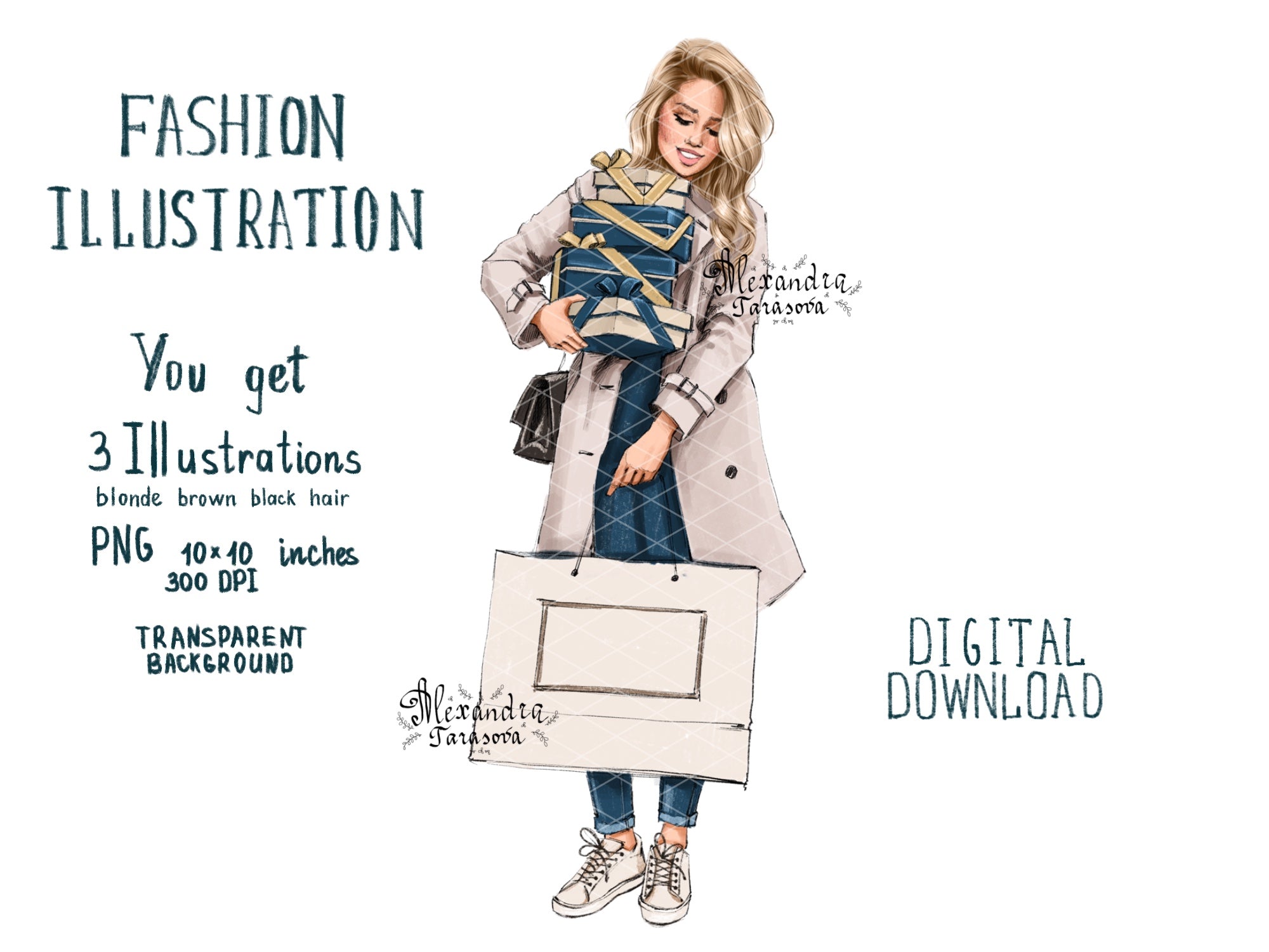 Digital Watercolor Illustration Fashion Girl Gifts Stylish Outfit Trendy Hairstyles Printable Art Instant Download Clipart