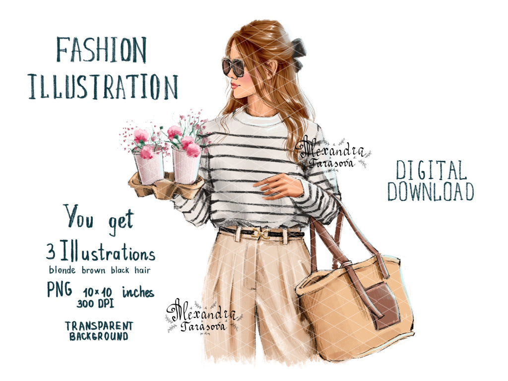 Digital Illustration Watercolor Painting Stylish Girl Parisian Style Printable Art Coffee Flowers Trendy Hairstyles Instant Download