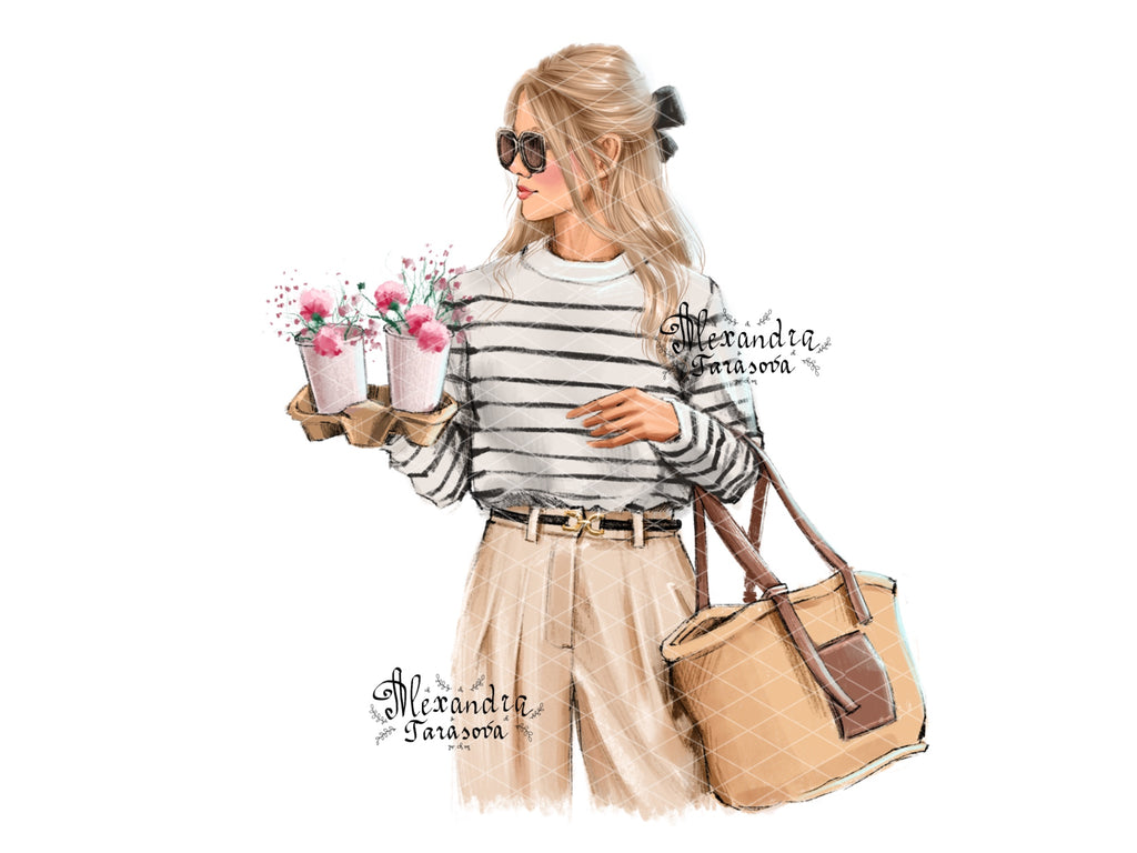 Digital Illustration Watercolor Painting Stylish Girl Parisian Style Printable Art Coffee Flowers Trendy Hairstyles Instant Download