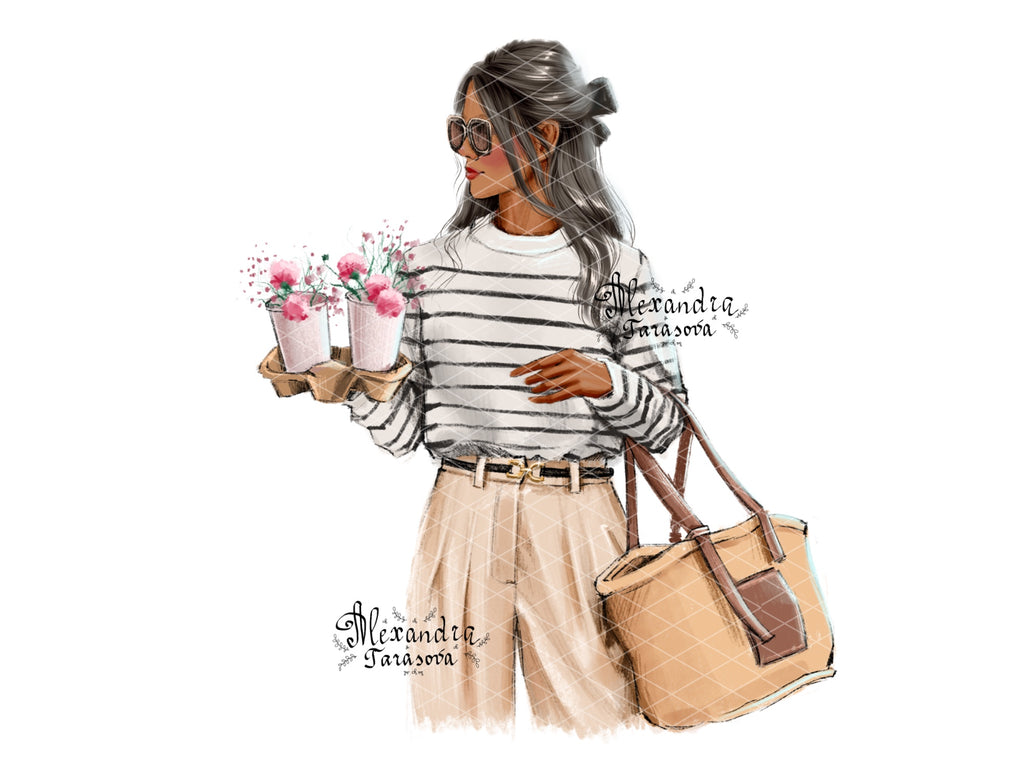 Digital Illustration Watercolor Painting Stylish Girl Parisian Style Printable Art Coffee Flowers Trendy Hairstyles Instant Download