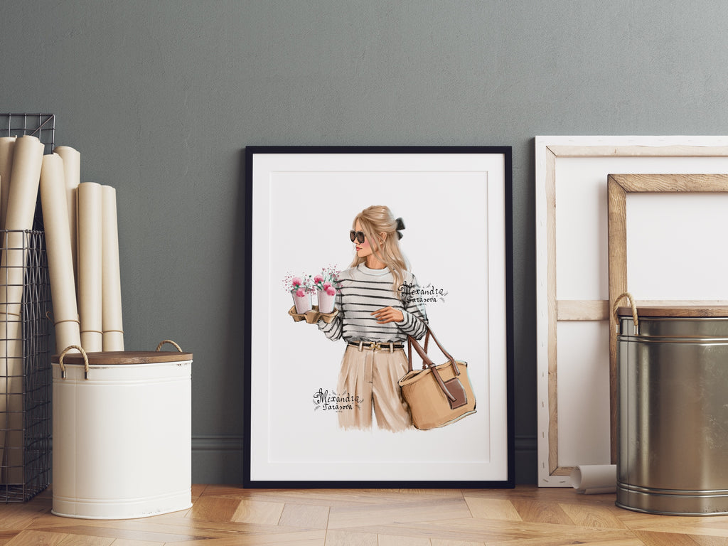 Digital Illustration Watercolor Painting Stylish Girl Parisian Style Printable Art Coffee Flowers Trendy Hairstyles Instant Download